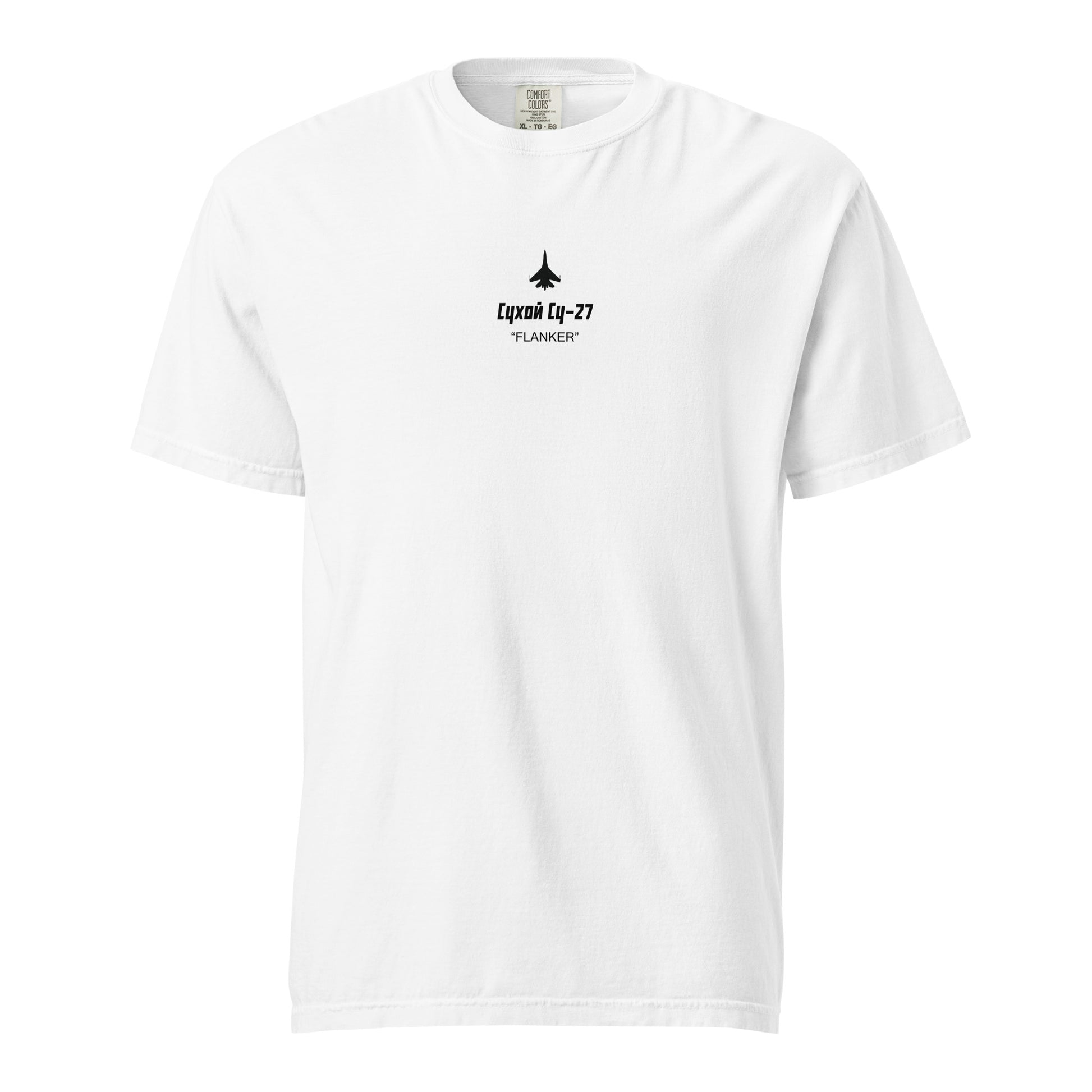 Hand-drawn technical schematic of the Sukhoi SU-27 Flanker supermaneuverable fighter on a standard t-shirt.