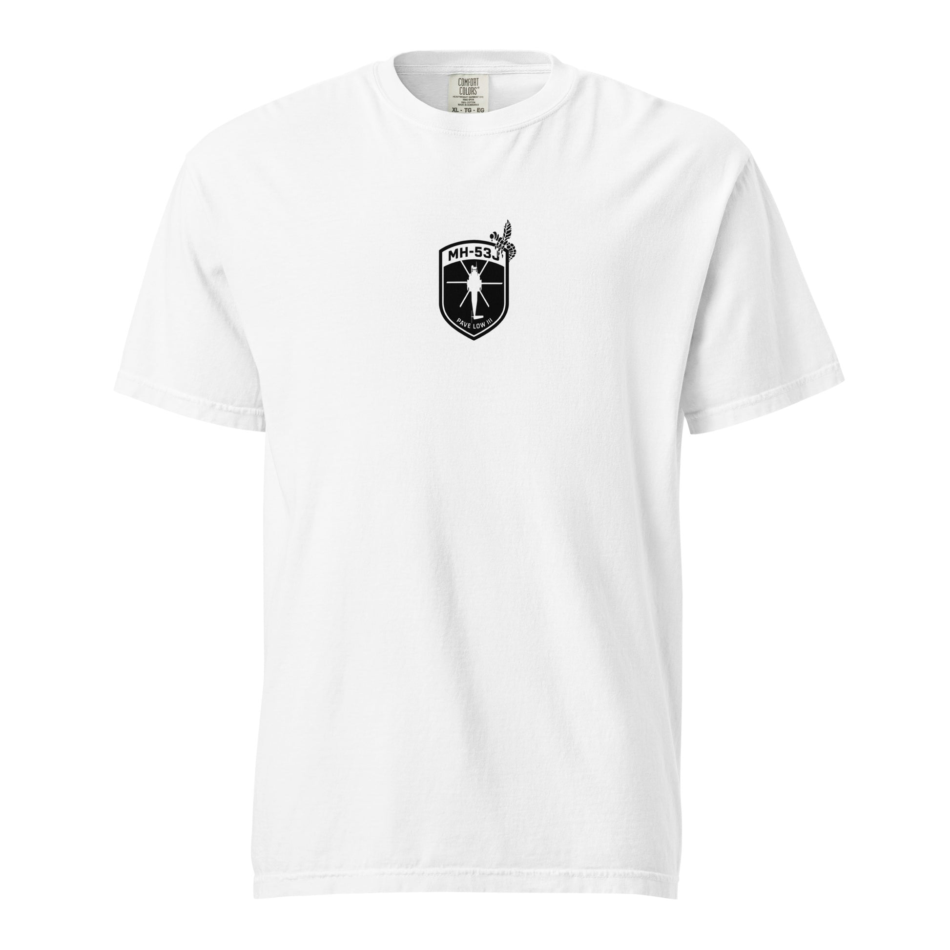 Hand-drawn schematic of the SIKORSKY MH-53J PAVE LOW printed on a standard T-shirt.