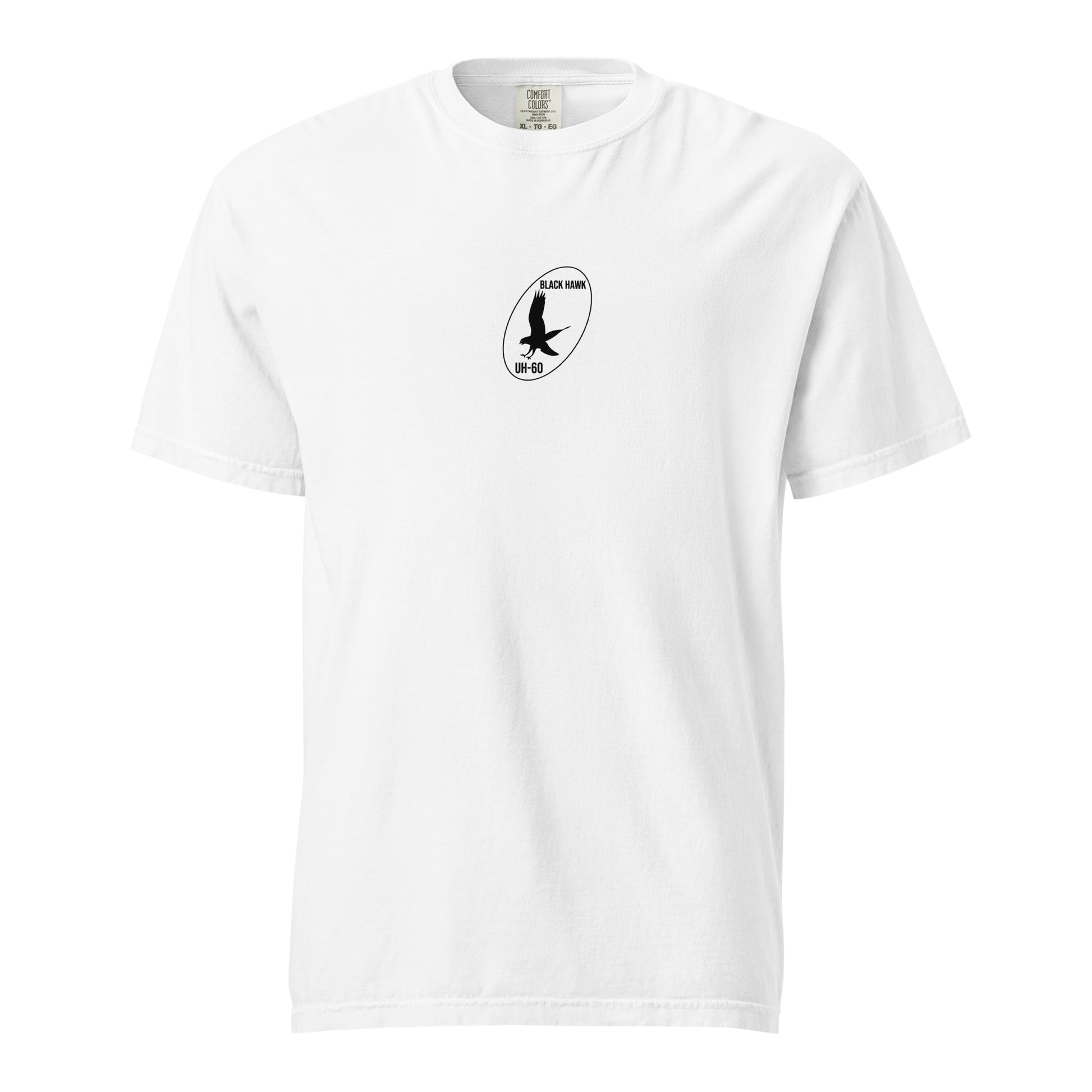Hand-drawn technical schematic of the Sikorsky UH-60M Black Hawk military helicopter on a standard t-shirt.