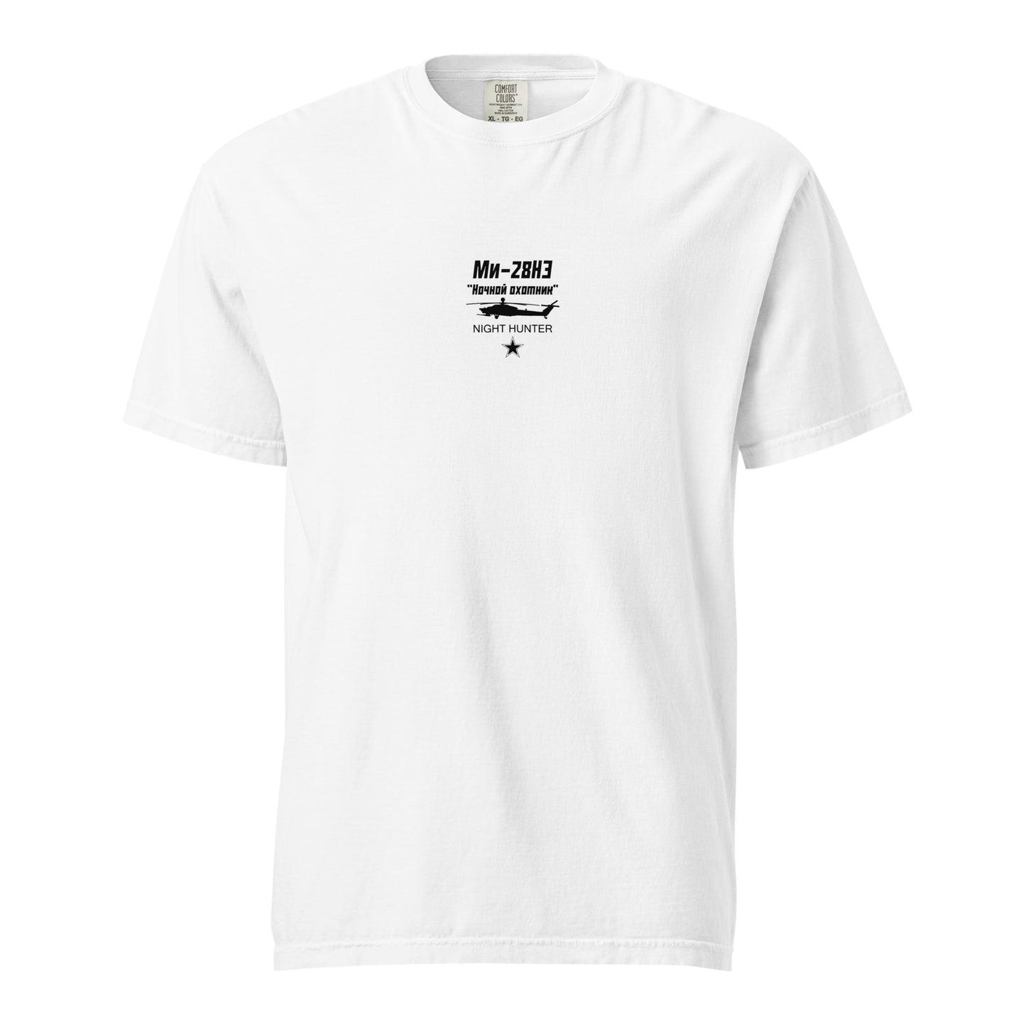 Hand-drawn technical schematic of the Mil Mi-28NE Night Hunter attack helicopter printed on a standard t-shirt.