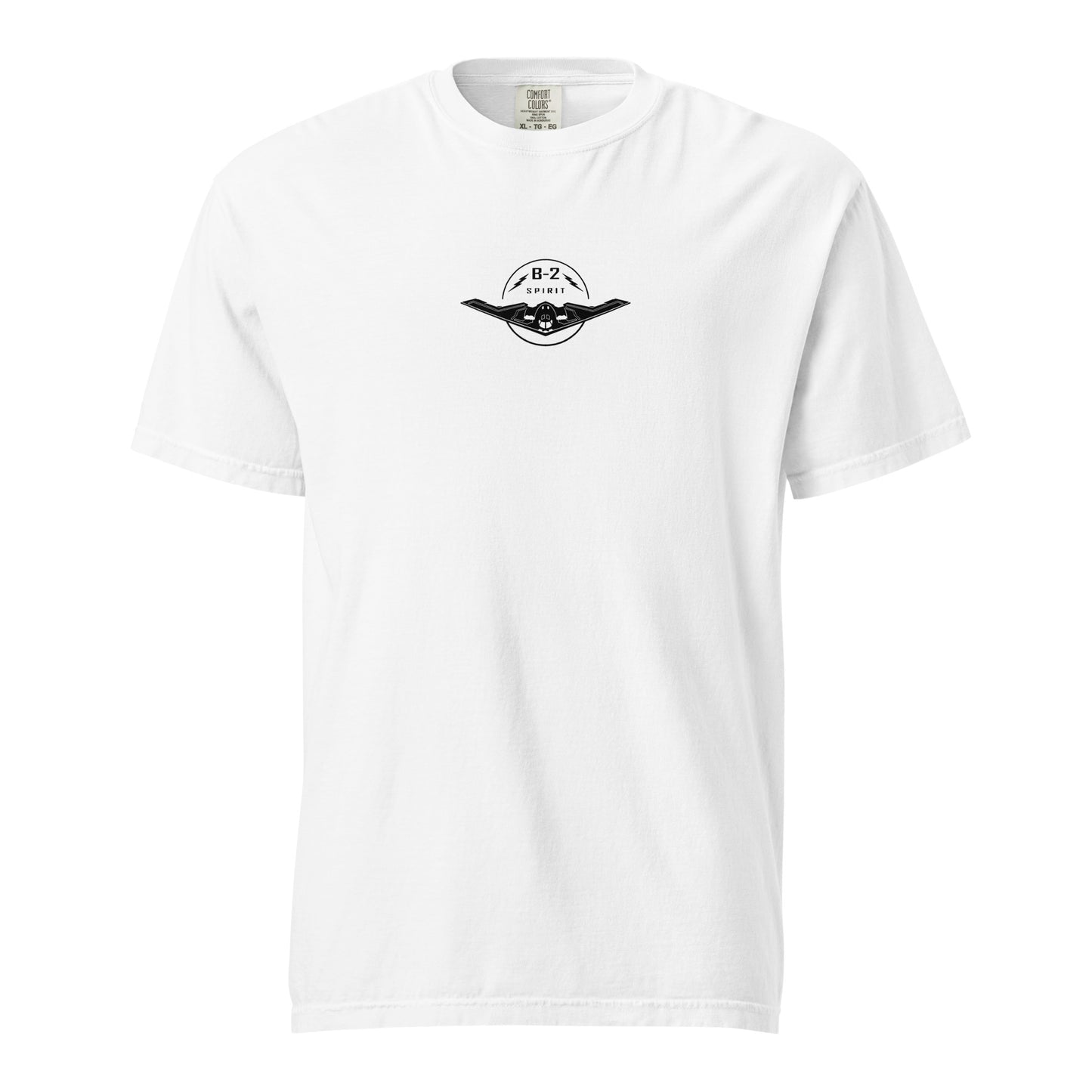 Hand-drawn technical schematic of the Northrop Grumman B-2 Spirit stealth bomber printed on a standard t-shirt.