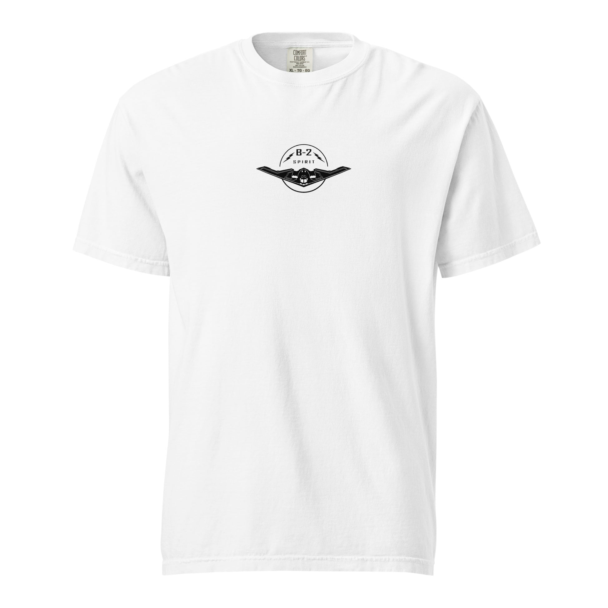 Hand-drawn technical schematic of the Northrop Grumman B-2 Spirit stealth bomber printed on a standard t-shirt.