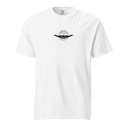 Hand-drawn technical schematic of the Northrop Grumman B-2 Spirit stealth bomber printed on a standard t-shirt.