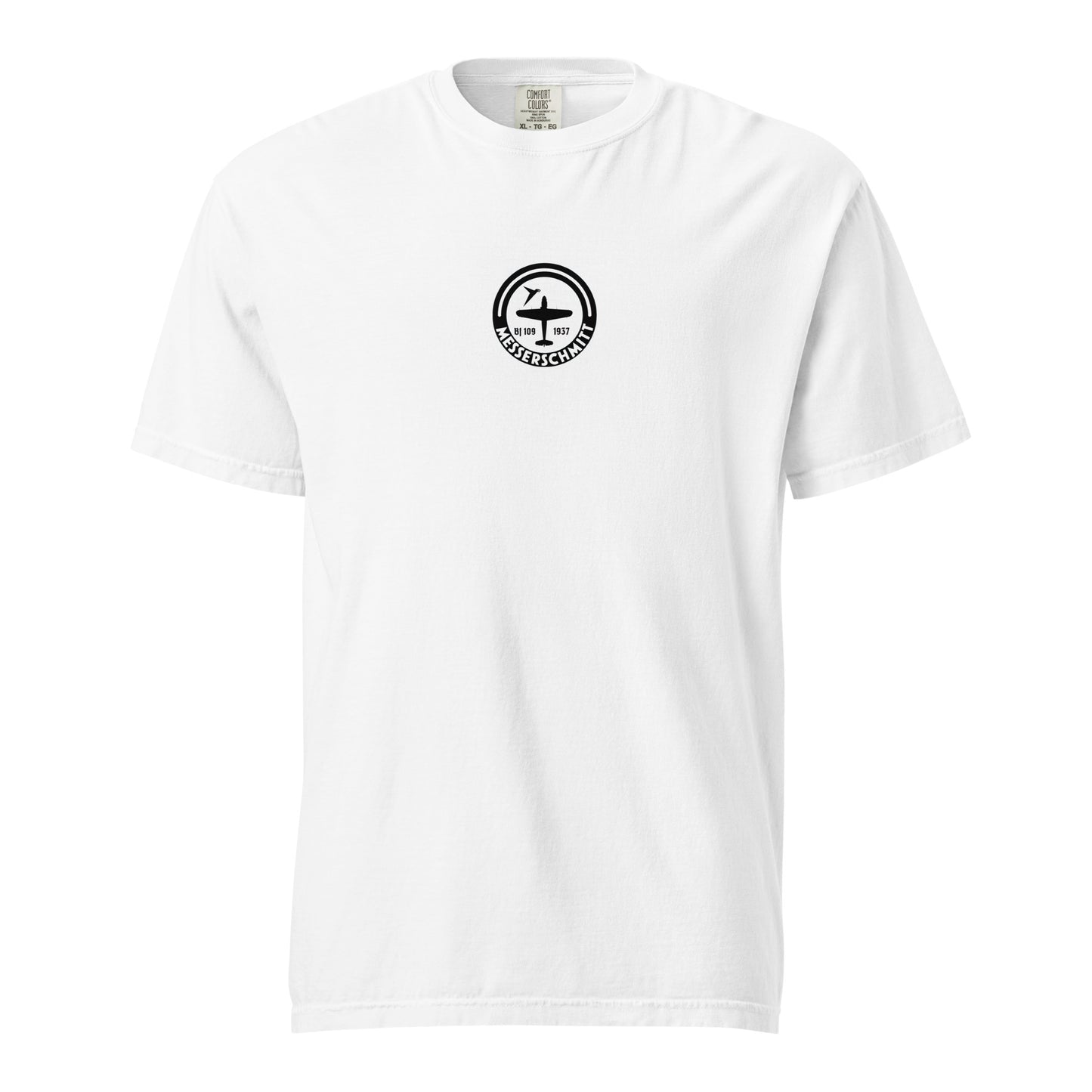 Hand-drawn schematic of the MESSERSCHMITT BF-109 printed on a standard T-shirt.