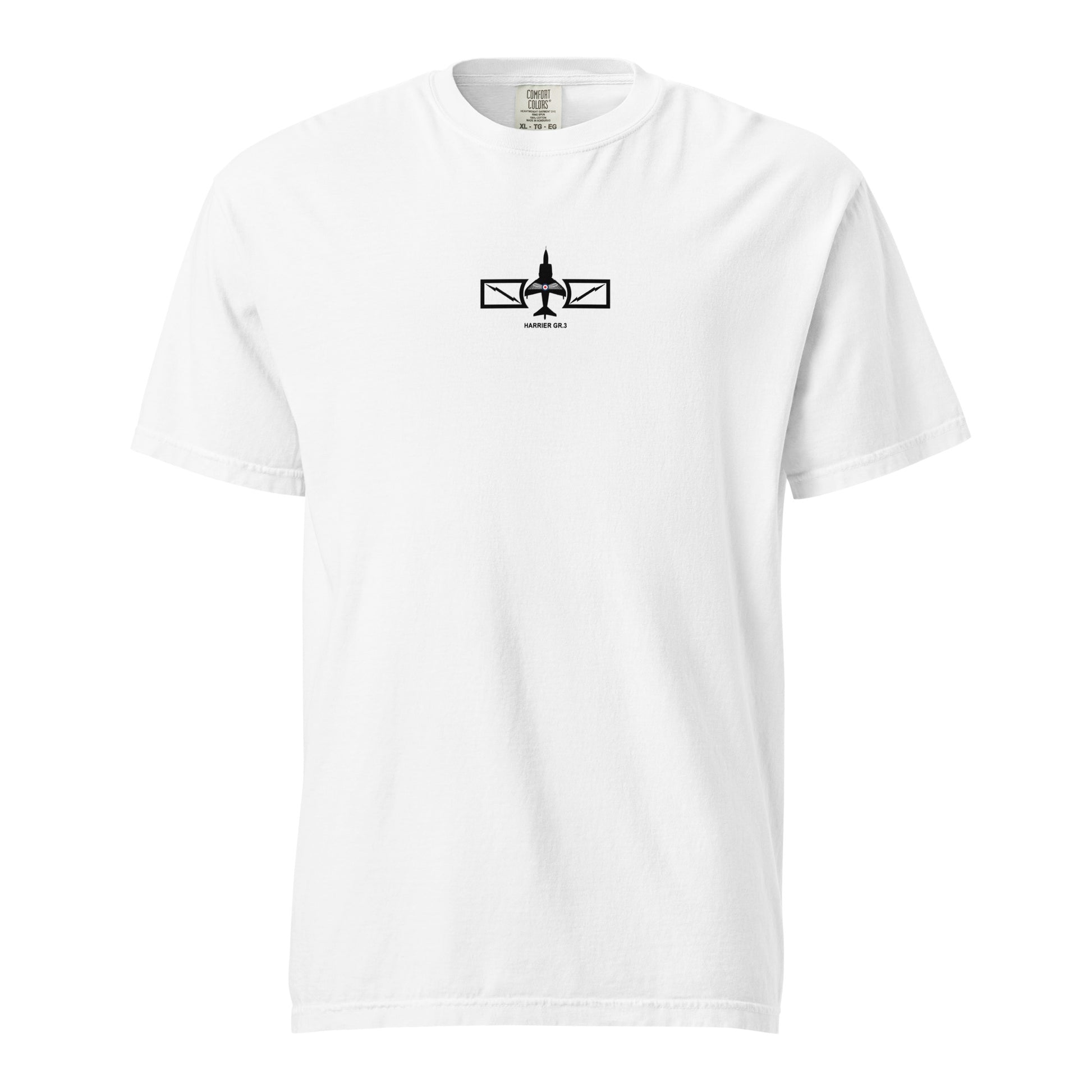 HAWKER HARRIER GR.3 - VERTICAL TAKE-OFF FIGHTER — hand-drawn artwork printed on standard T-shirt.