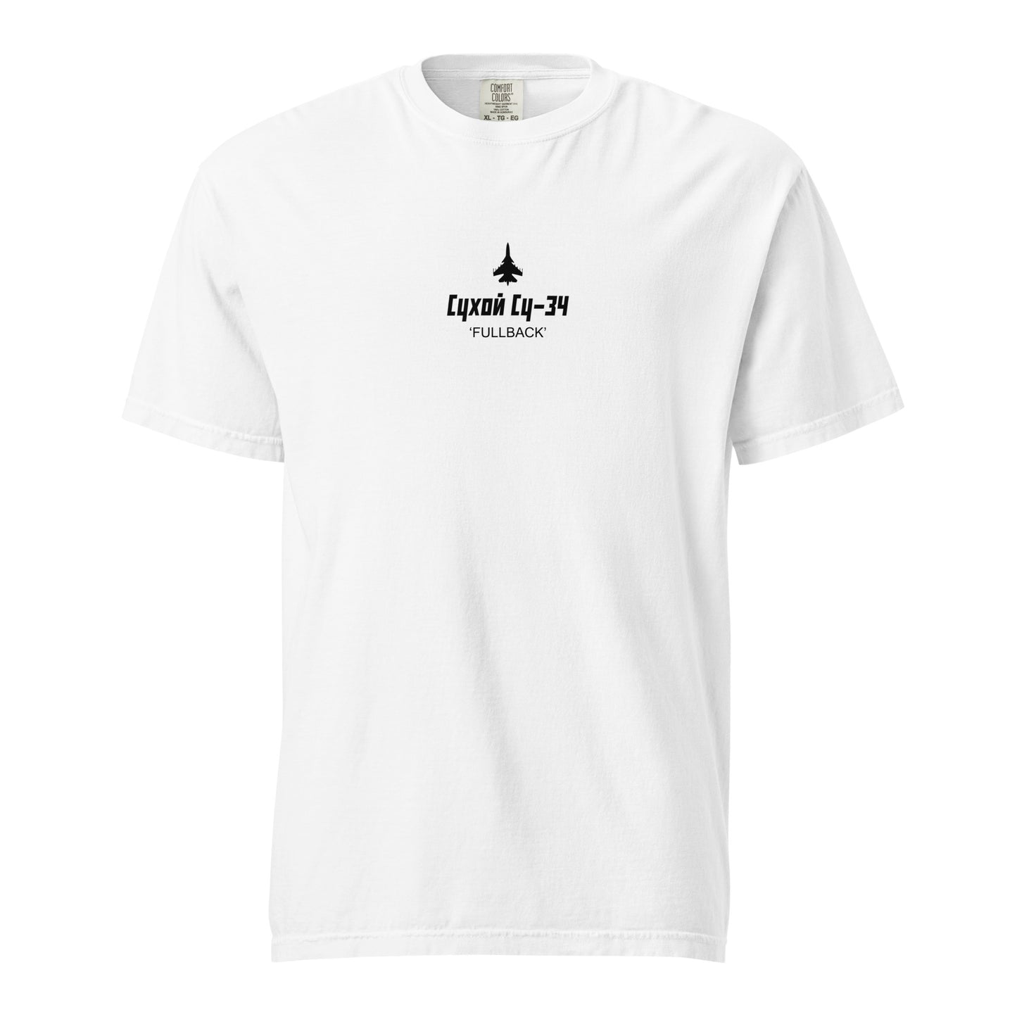 Hand-drawn technical schematic of the Sukhoi SU-34 Fullback fighter-bomber printed on a standard t-shirt.