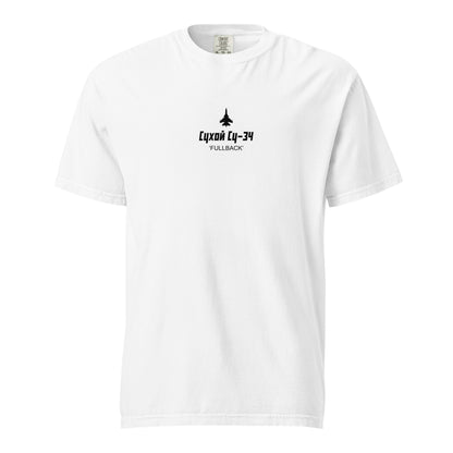 Hand-drawn technical schematic of the Sukhoi SU-34 Fullback fighter-bomber printed on a standard t-shirt.