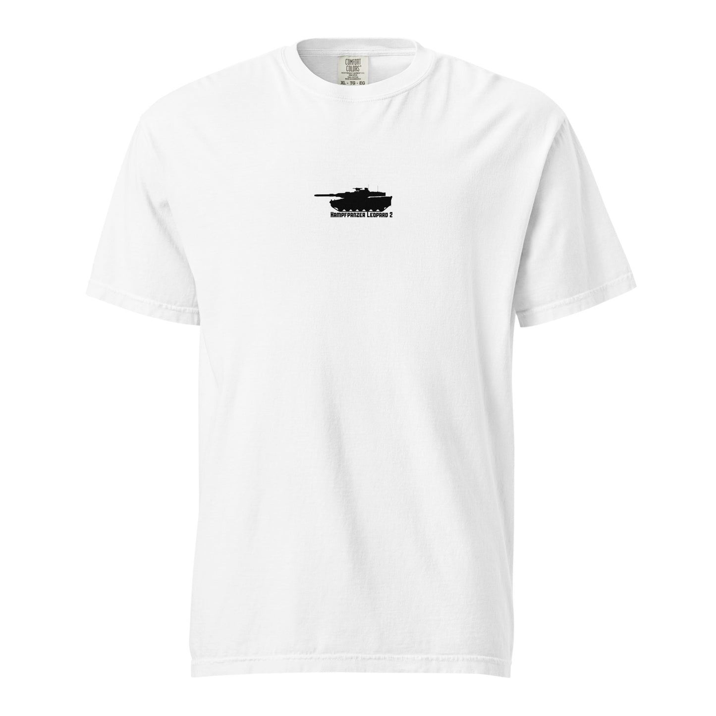 Hand-drawn schematic of the KRAUSS-MAFFEI LEOPARD 2 A7V TANK printed on a standard T-shirt.