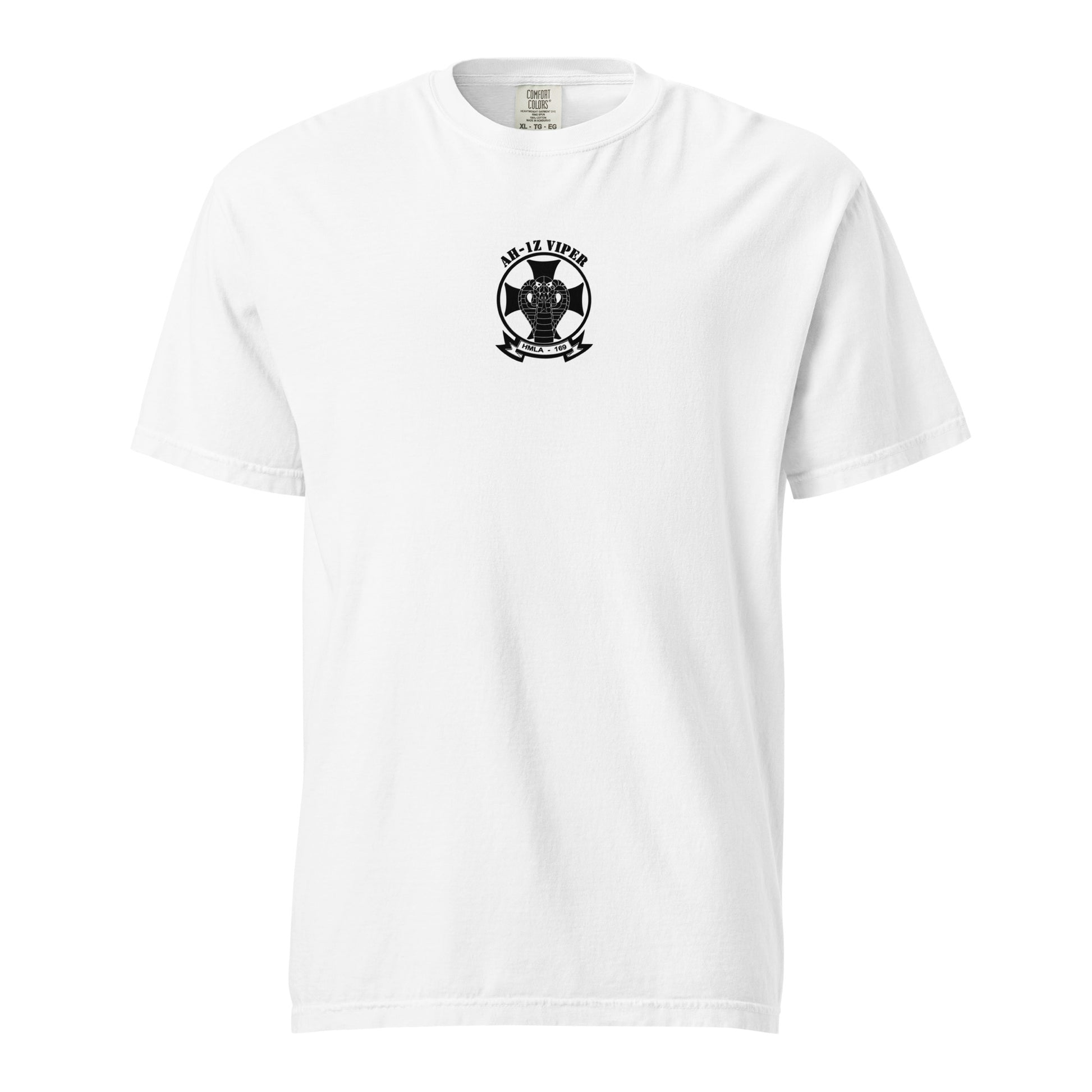 Hand-drawn schematic of the BELL AH-1Z VIPER ATTACK HELICOPTER printed on a standard T-shirt.