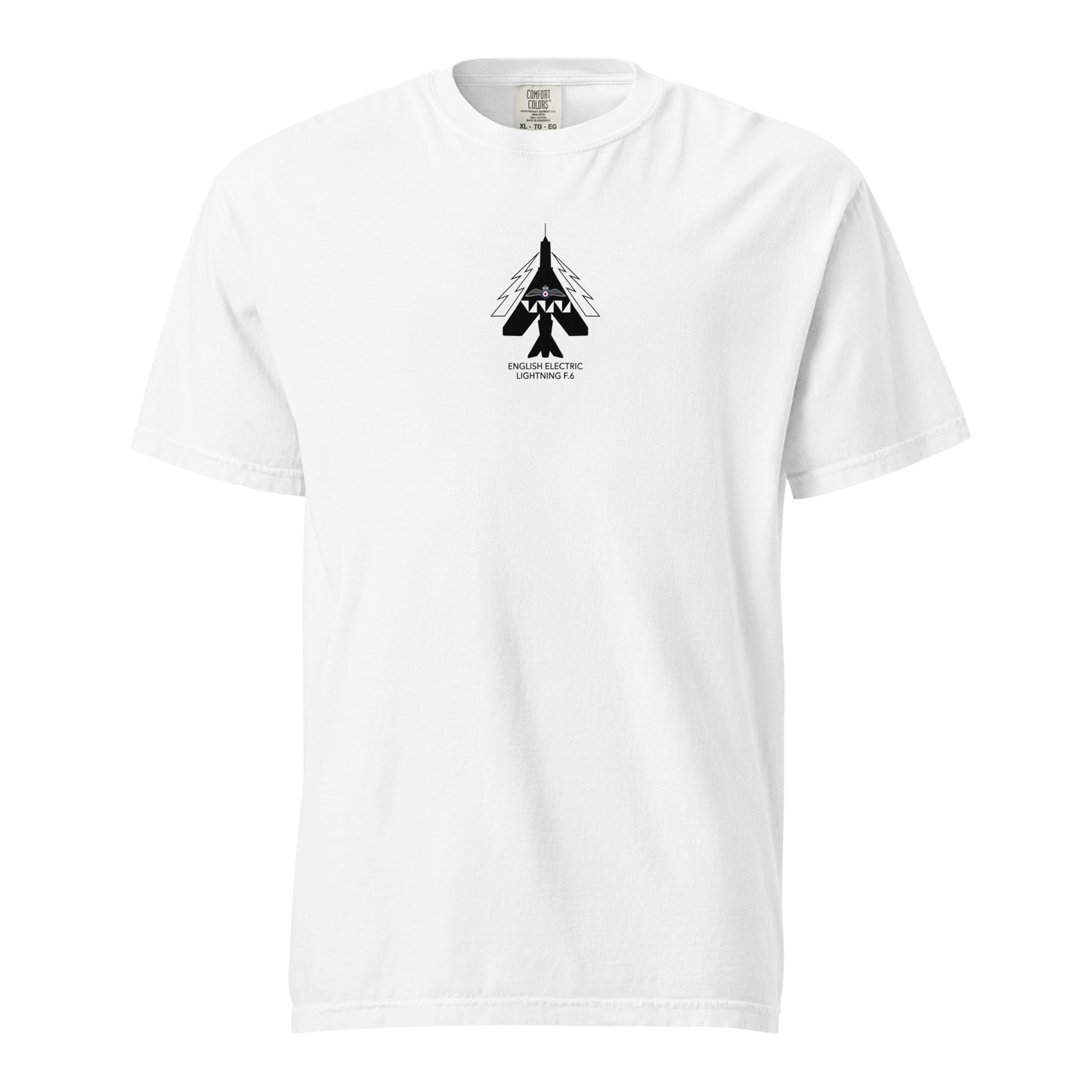 ENGLISH ELECTRIC LIGHTNING F.6 — hand-drawn interceptor artwork printed on standard T-shirt.