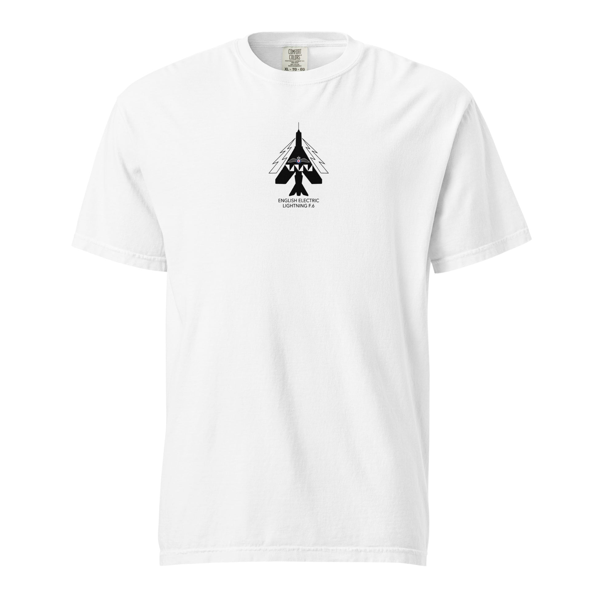 ENGLISH ELECTRIC LIGHTNING F.6 — hand-drawn interceptor artwork printed on standard T-shirt.