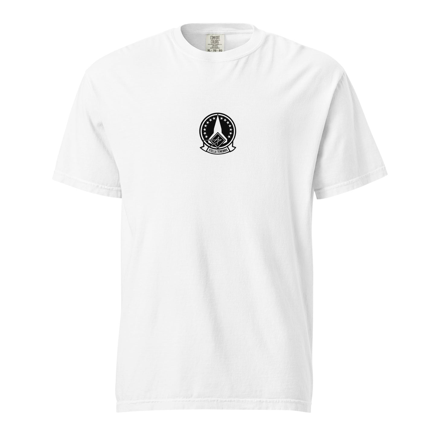 Hand-drawn schematic of the LOCKHEED MARTIN SKUNK WORKS SR-72 DARKSTAR printed on a standard T-shirt.