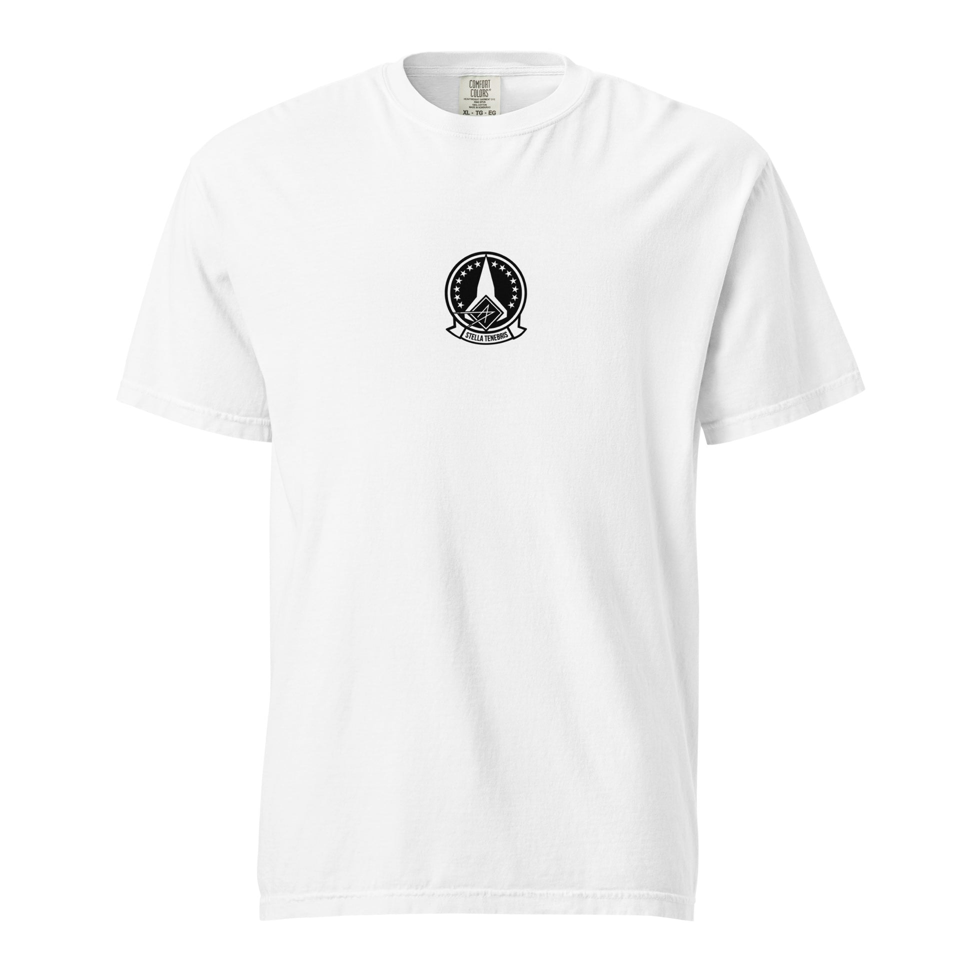 Hand-drawn schematic of the LOCKHEED MARTIN SKUNK WORKS SR-72 DARKSTAR printed on a standard T-shirt.