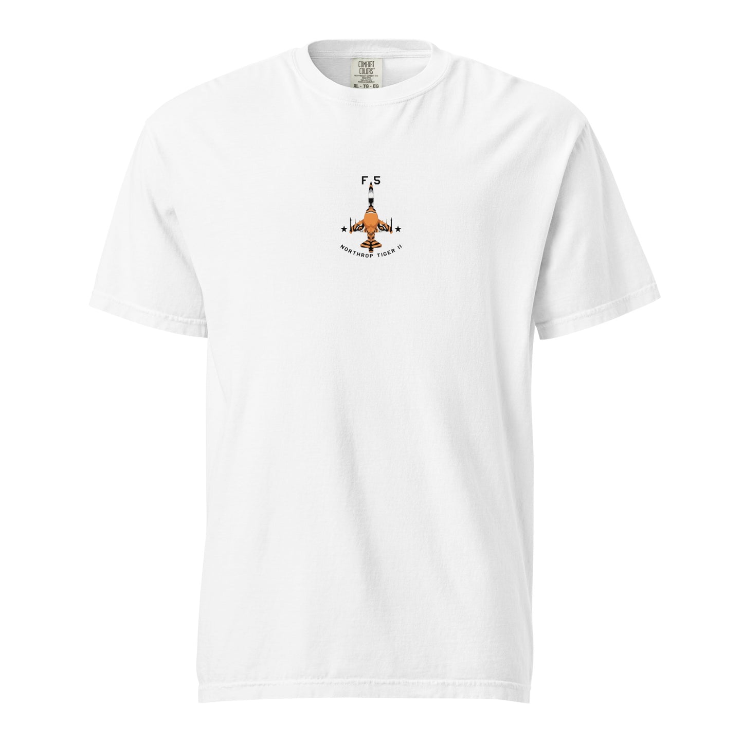 Hand-drawn technical schematic of the Northrop F-5E Tiger II Cold War fighter jet printed on a standard t-shirt.