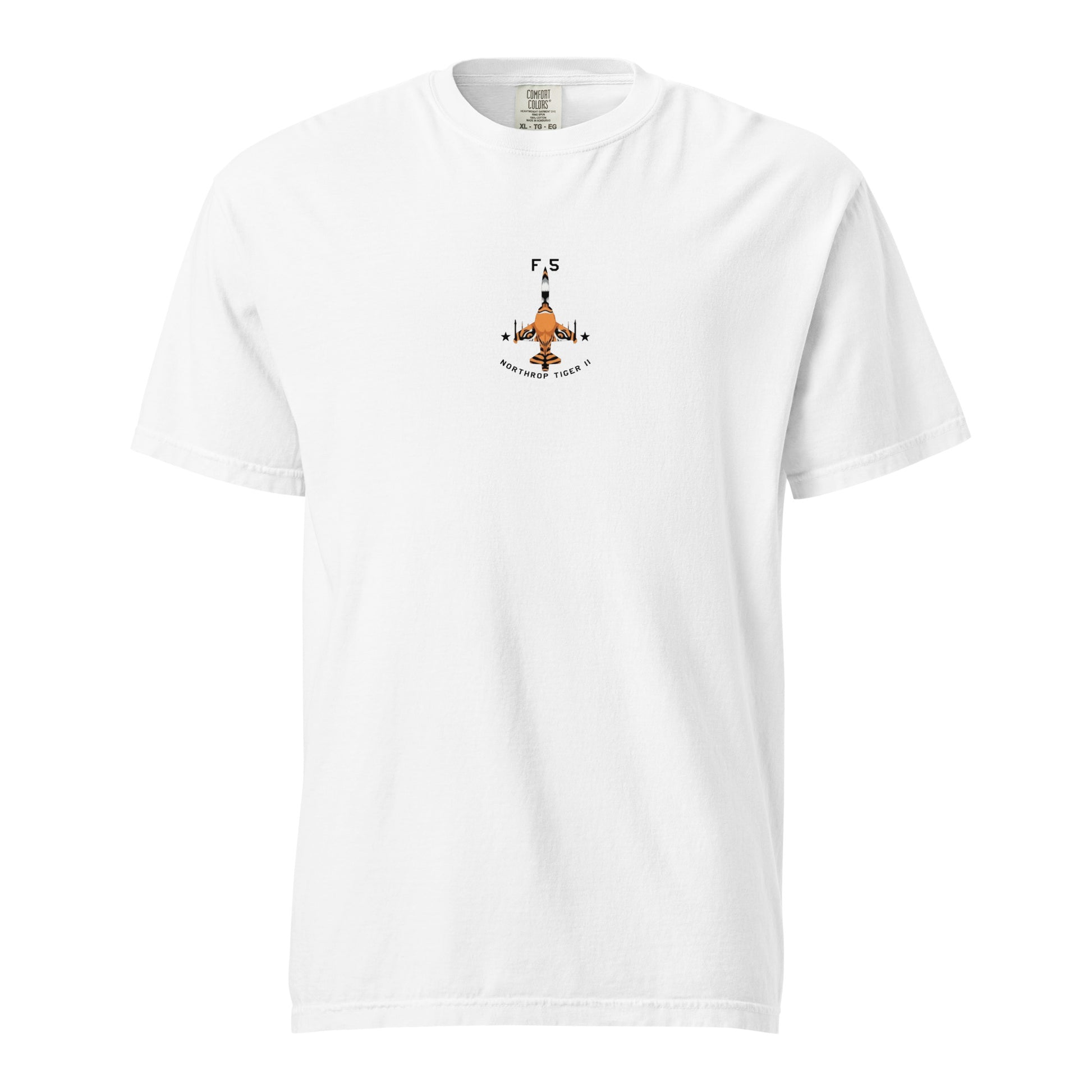 Hand-drawn technical schematic of the Northrop F-5E Tiger II Cold War fighter jet printed on a standard t-shirt.