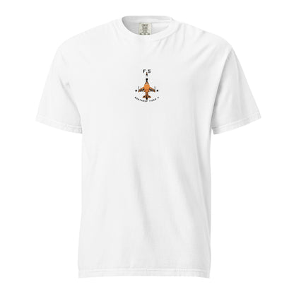 Hand-drawn technical schematic of the Northrop F-5E Tiger II Cold War fighter jet printed on a standard t-shirt.