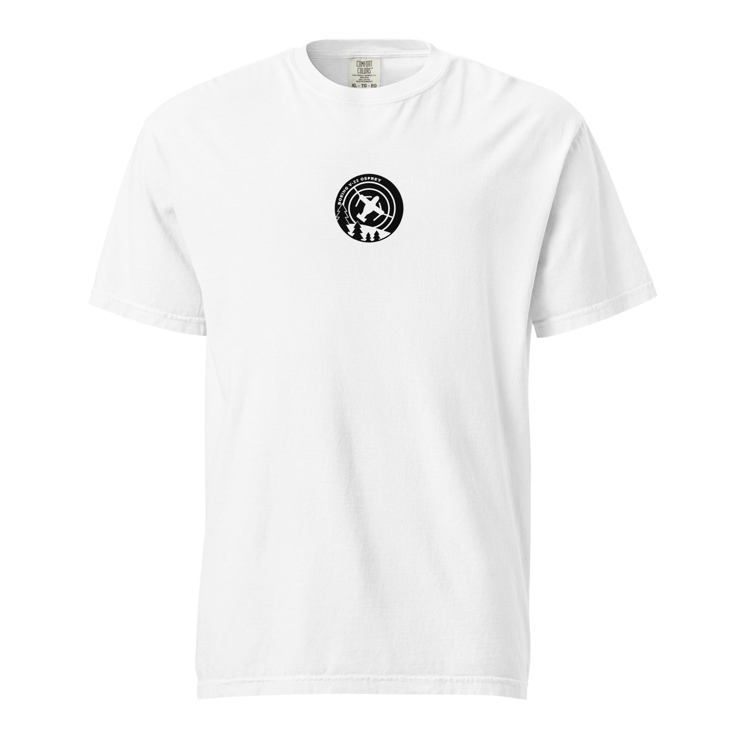 Hand-drawn schematic of the BELL BOEING MV-22 OSPREY printed on a standard T-shirt.