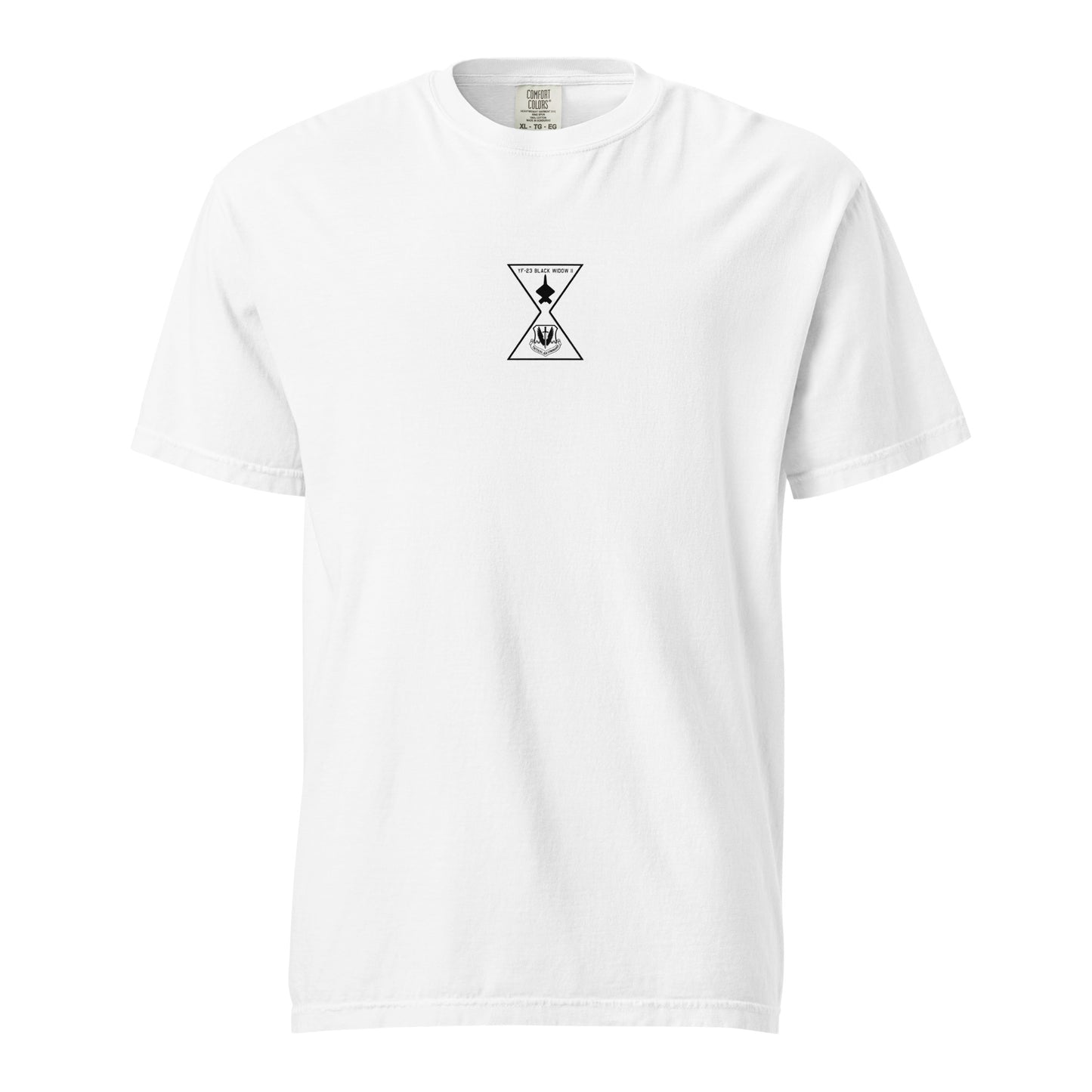 Hand-drawn schematic of the Northrop YF-23 Black Widow II stealth prototype fighter printed on a standard t-shirt.