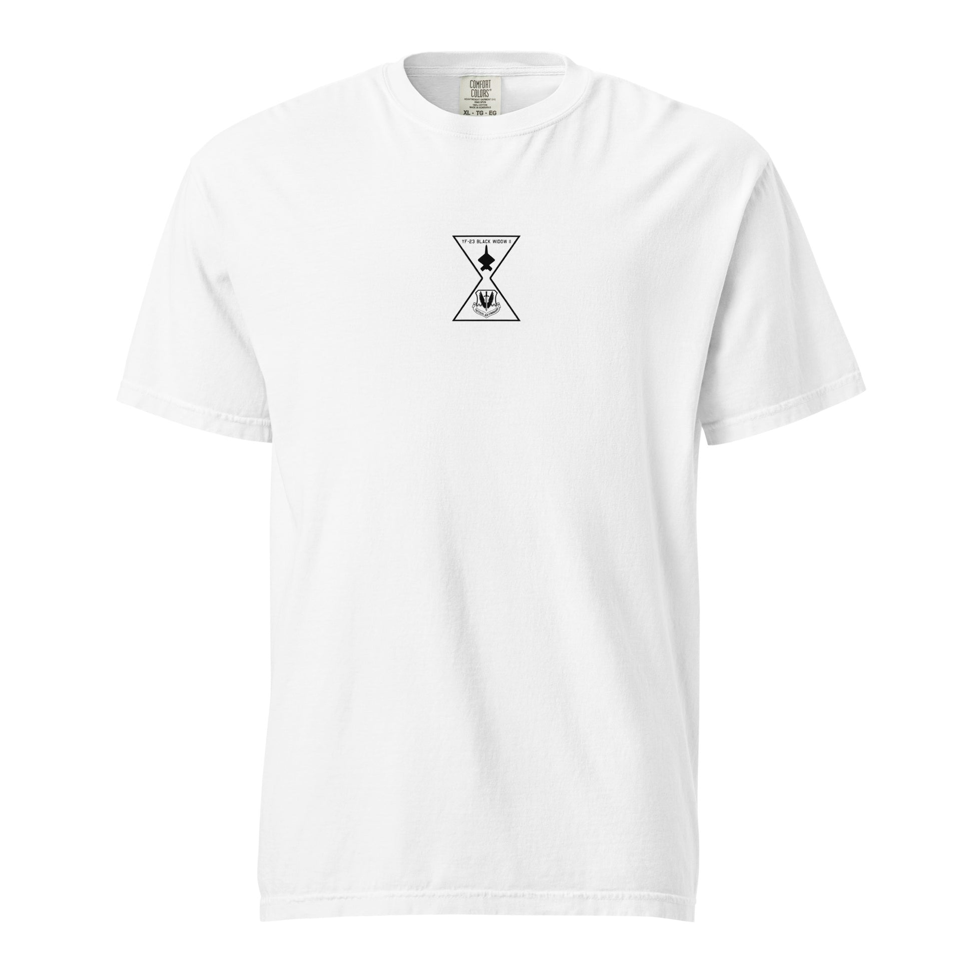 Hand-drawn schematic of the Northrop YF-23 Black Widow II stealth prototype fighter printed on a standard t-shirt.
