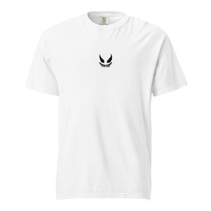 Hand-drawn technical profile of a Venom-inspired monster symbiote anti-hero design printed on a standard t-shirt.