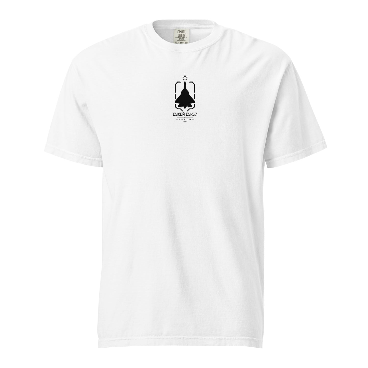 Hand-drawn front nose canopy study of the Sukhoi Su-57 Felon printed on a standard t-shirt.