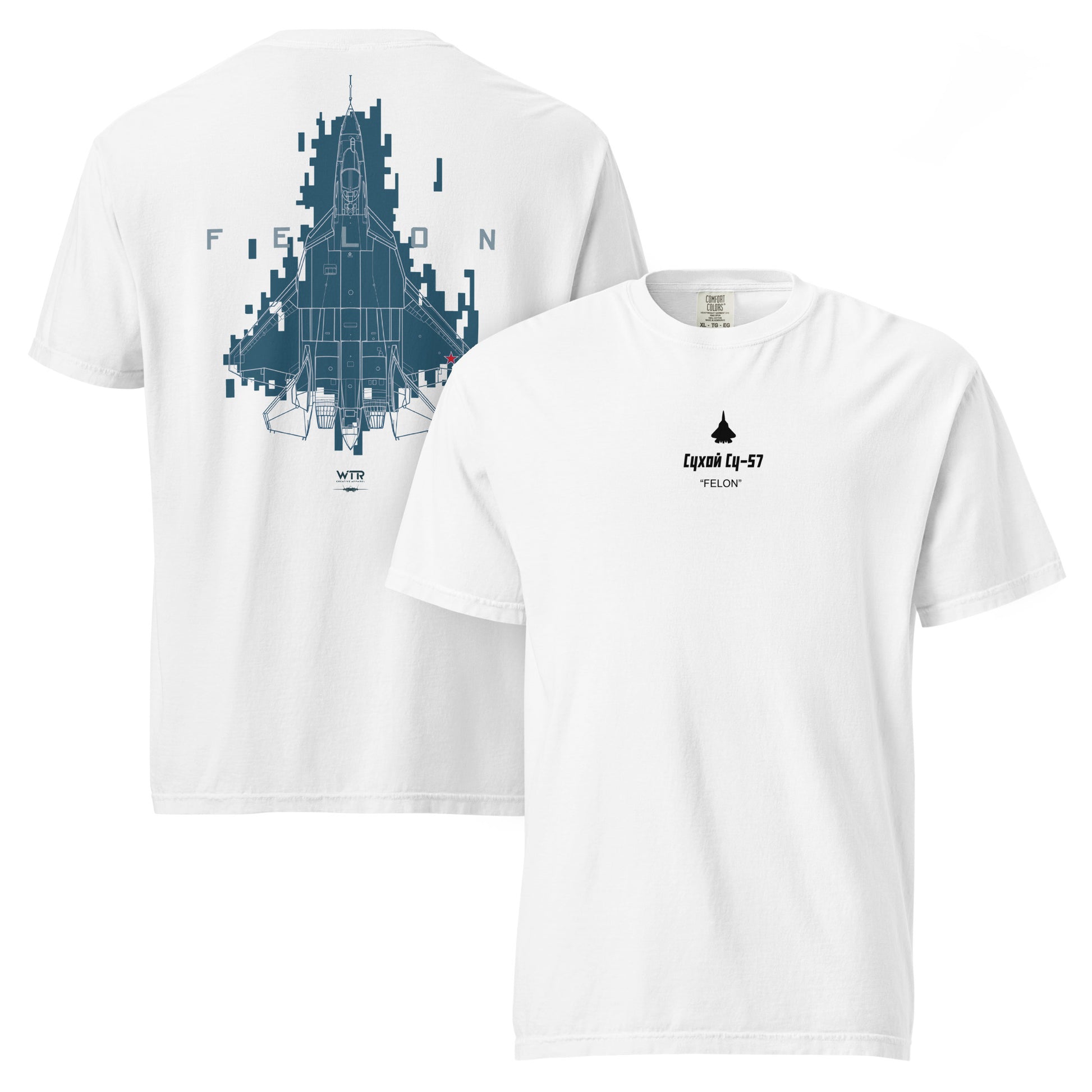 Hand-drawn technical Digital Pixel 1 camouflage study of the Sukhoi SU-57 Felon stealth fighter on a standard t-shirt.