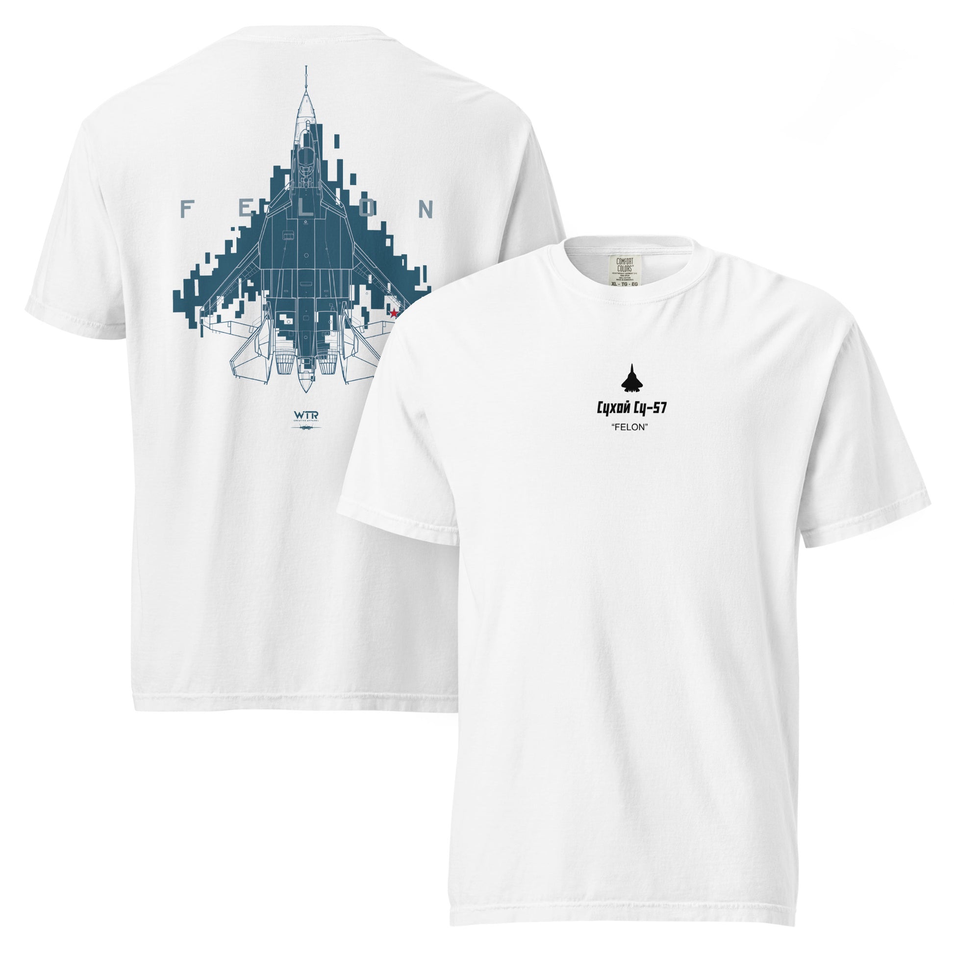 Hand-drawn technical Digital Pixel 2 camouflage study of the Sukhoi SU-57 Felon stealth fighter on a standard t-shirt.