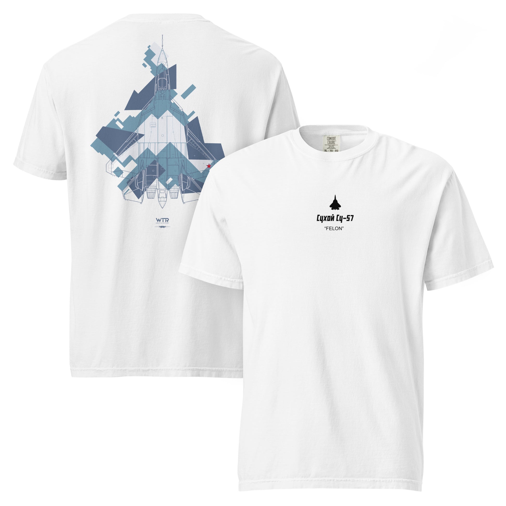 Hand-drawn technical splinter camouflage study of the Sukhoi SU-57 Felon stealth fighter on a standard t-shirt.