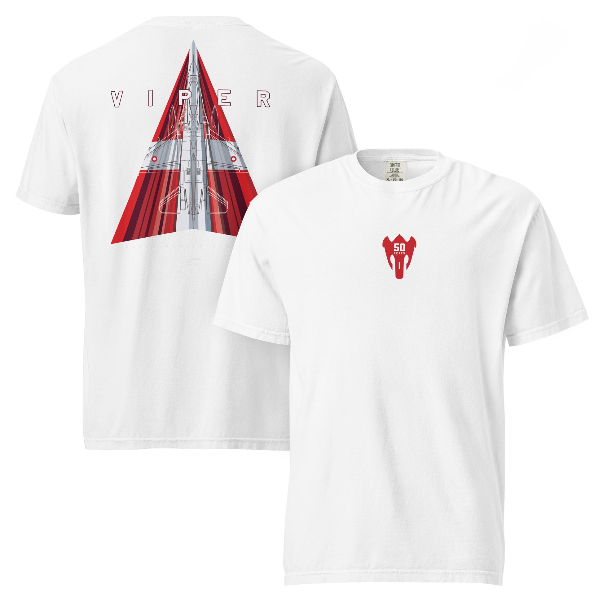 Hand-drawn schematic of the Royal Danish Air Force F-16 50th Anniversary solo display livery on a standard t-shirt.