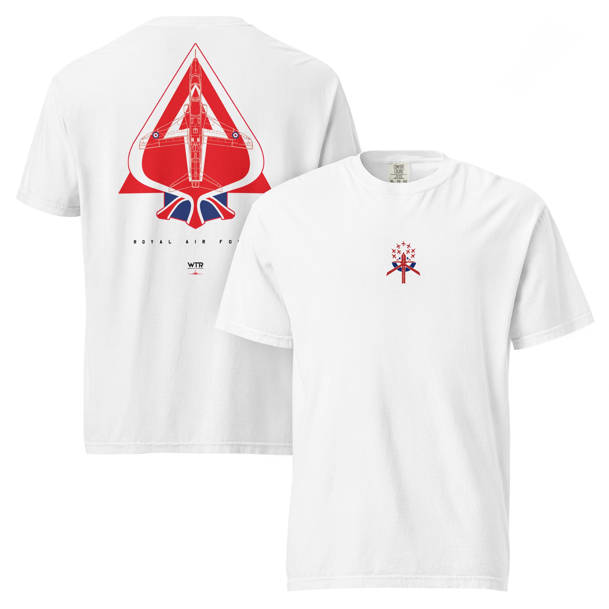 Hand-drawn schematic of the BAE Hawk T1 in Royal Air Force Red Arrows display team livery on a standard t-shirt.
