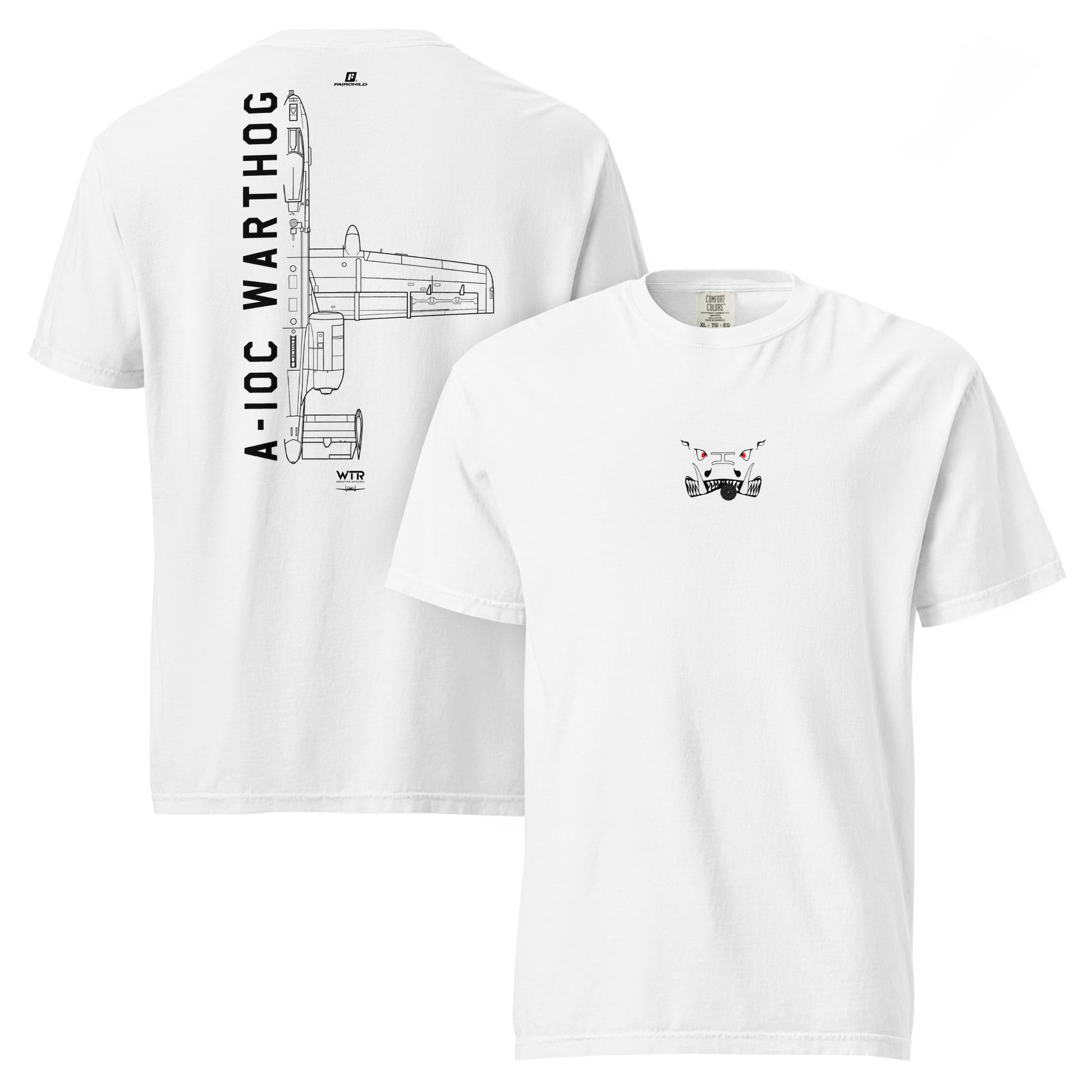 Hand-drawn technical schematic of the Fairchild Republic A-10C Warthog US Air Force jet on a standard t-shirt.