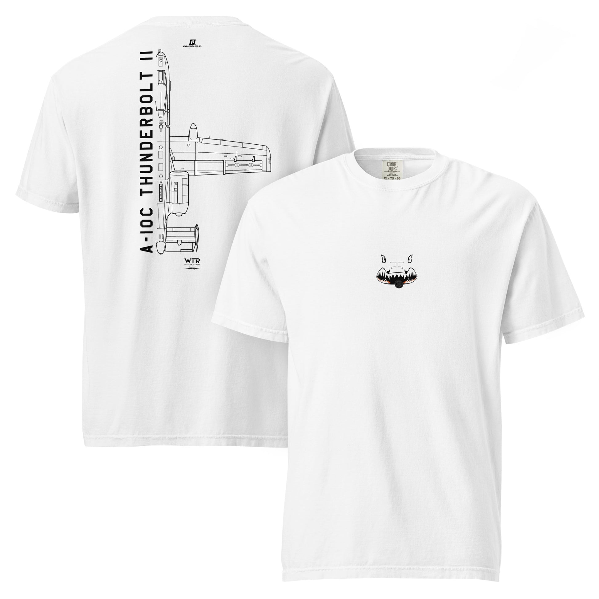 Hand-drawn technical schematic of the Fairchild Republic A-10C Thunderbolt II attack jet on a standard t-shirt.