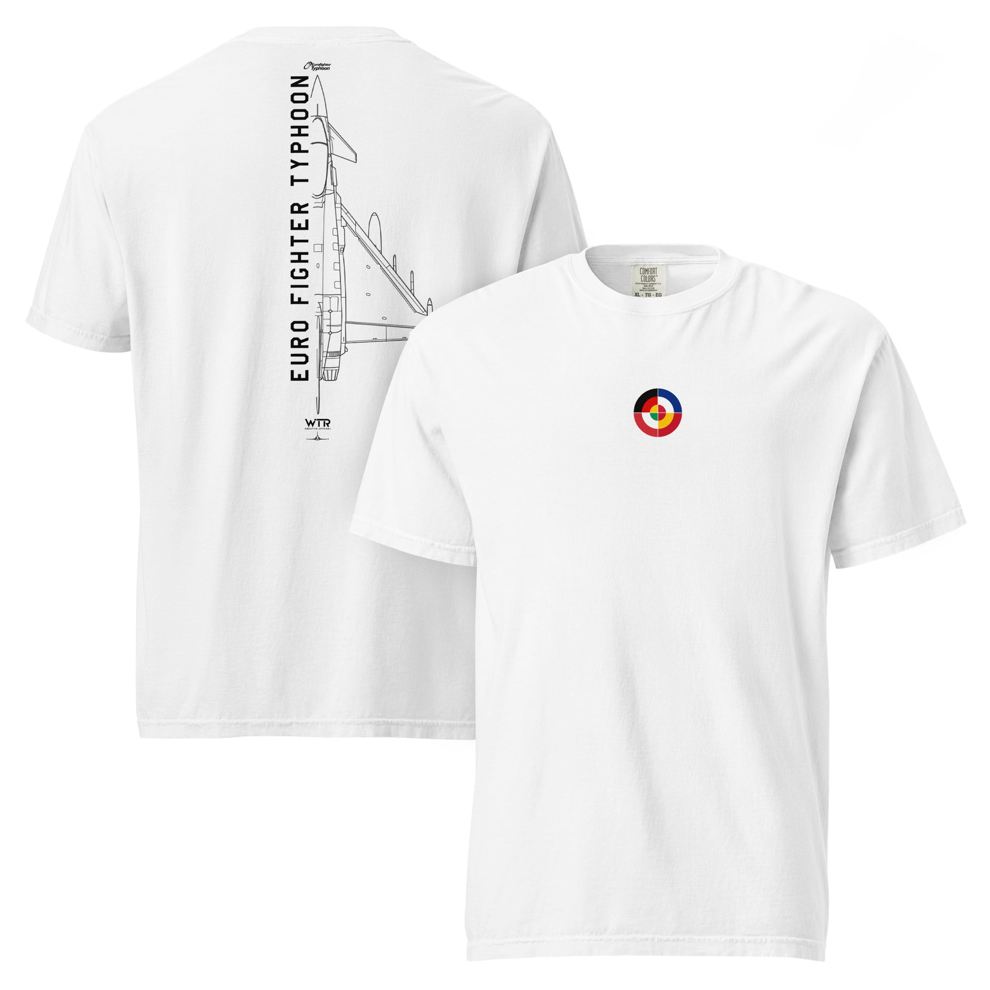 Hand-drawn technical schematic of the Eurofighter Typhoon EF2000 multi-role fighter on a standard t-shirt.