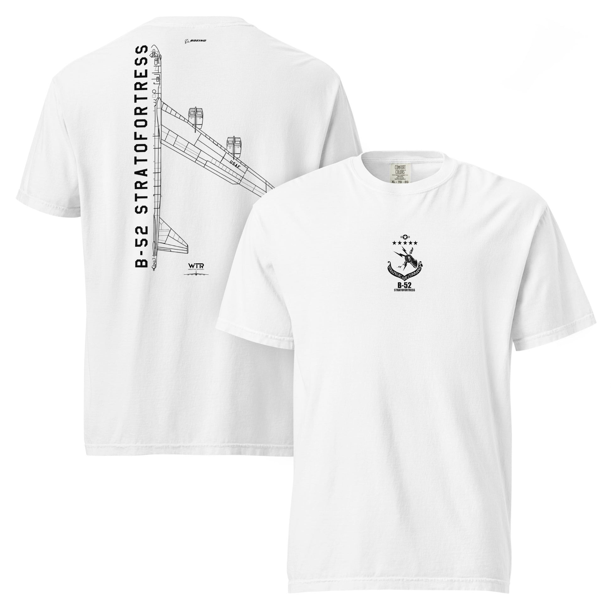 Hand-drawn technical schematic of the Boeing B-52 Stratofortress strategic bomber printed on a standard t-shirt.