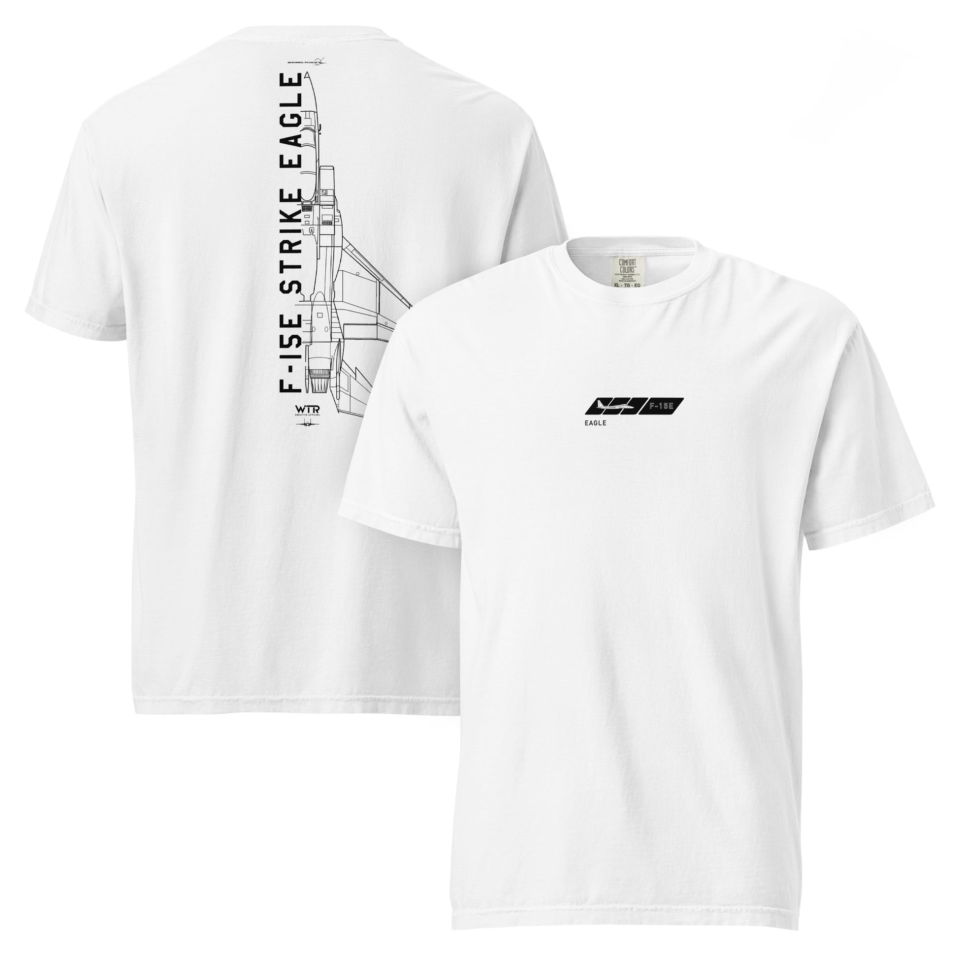 Hand-drawn technical schematic of the McDonnell Douglas F-15E Strike Eagle multi-role jet on a standard t-shirt.