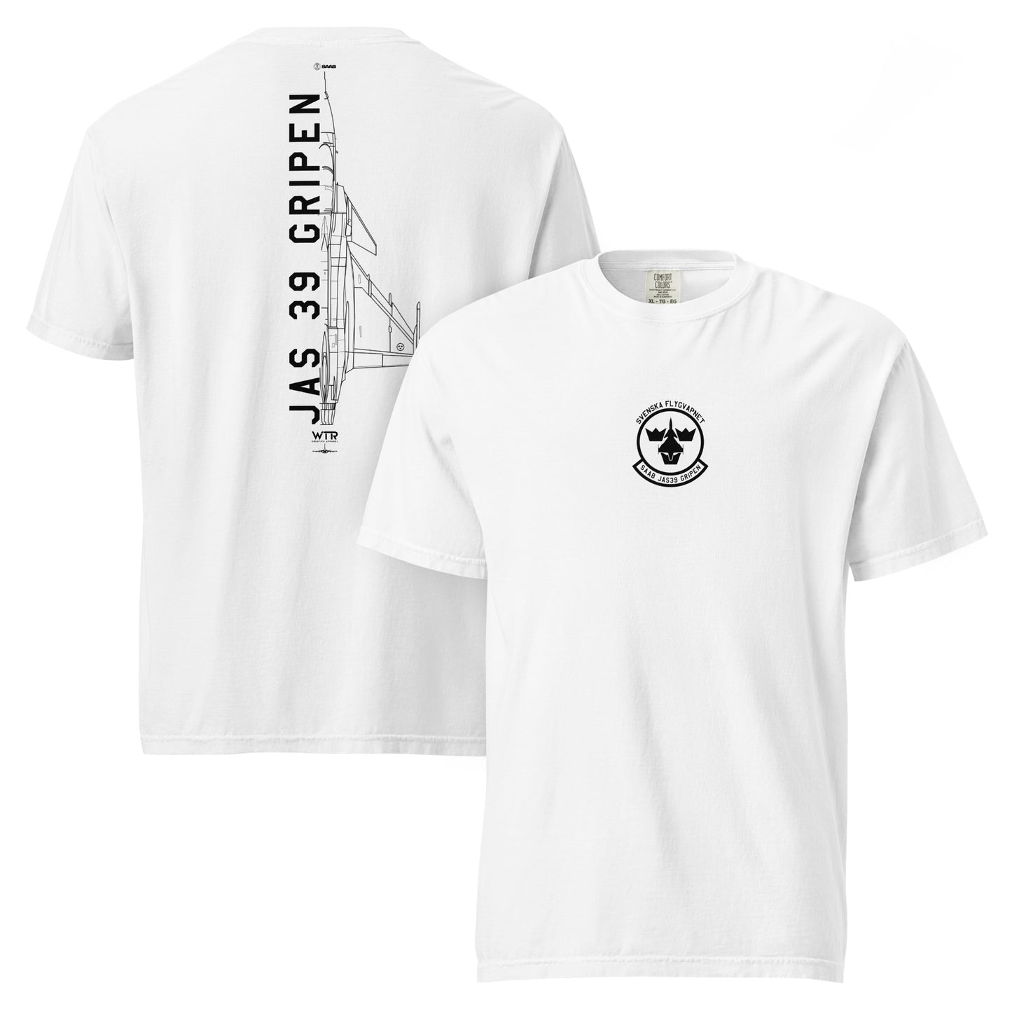 Hand-drawn schematic of the SAAB JAS 39 GRIPEN printed on a standard T-shirt.
