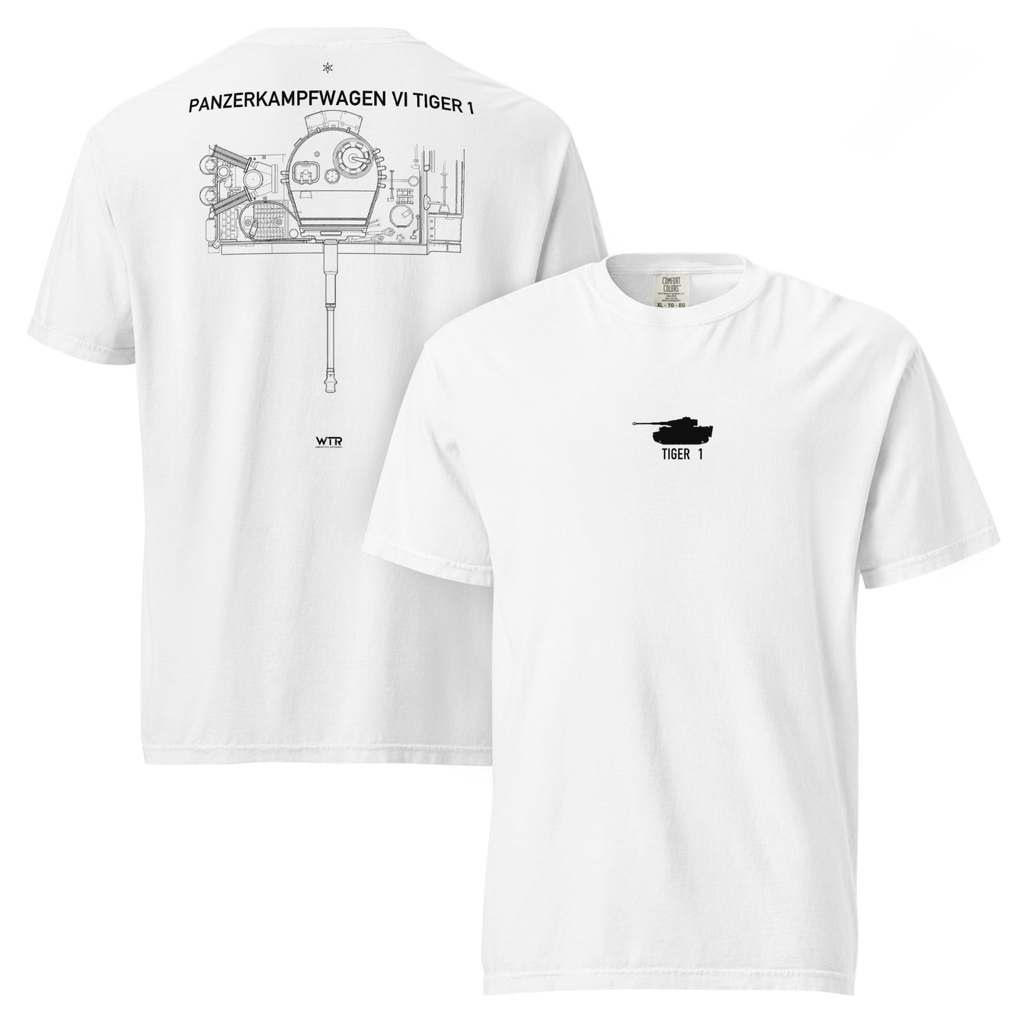 Hand-drawn schematic of the TIGER 1 printed on a standard T-shirt.