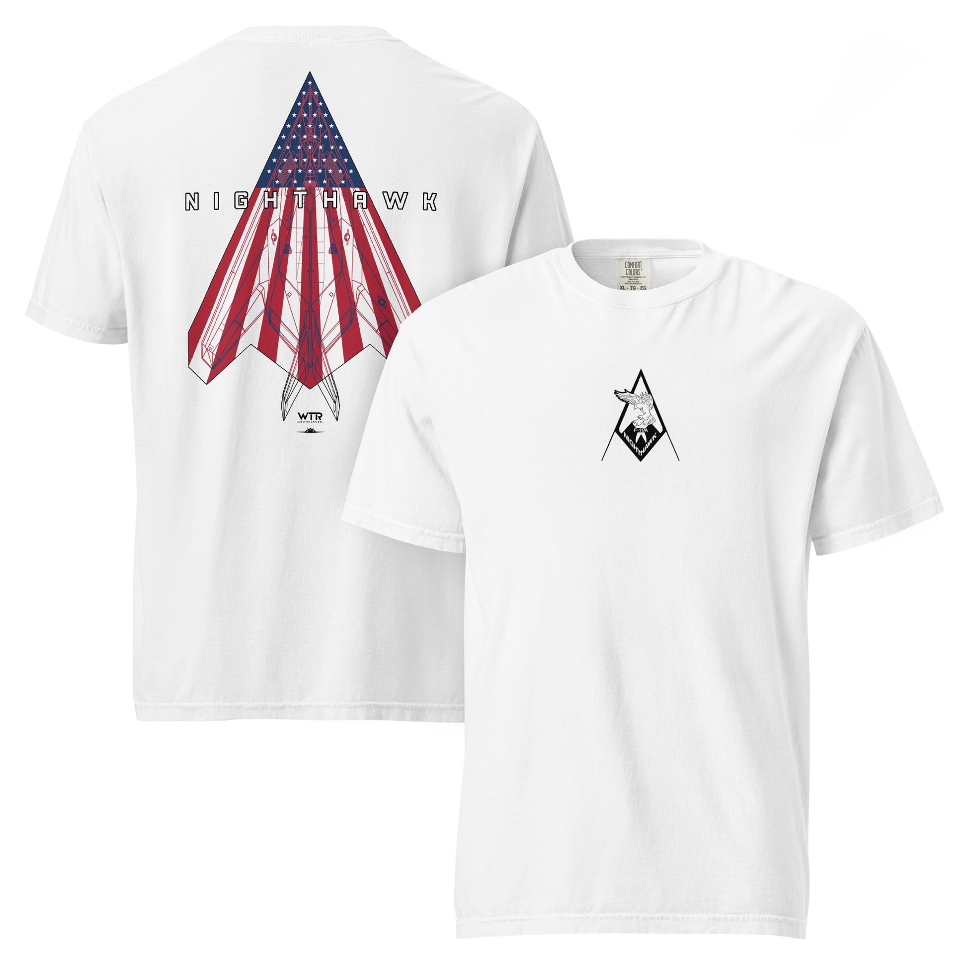 Hand-drawn schematic of the F-117 Nighthawk Last Flight Murica flag livery printed on a standard t-shirt.