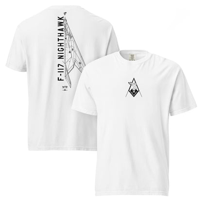 Hand-drawn schematic of the LOCKHEED MARTIN SKUNK WORKS F-117 NIGHTHAWK printed on a standard T-shirt.