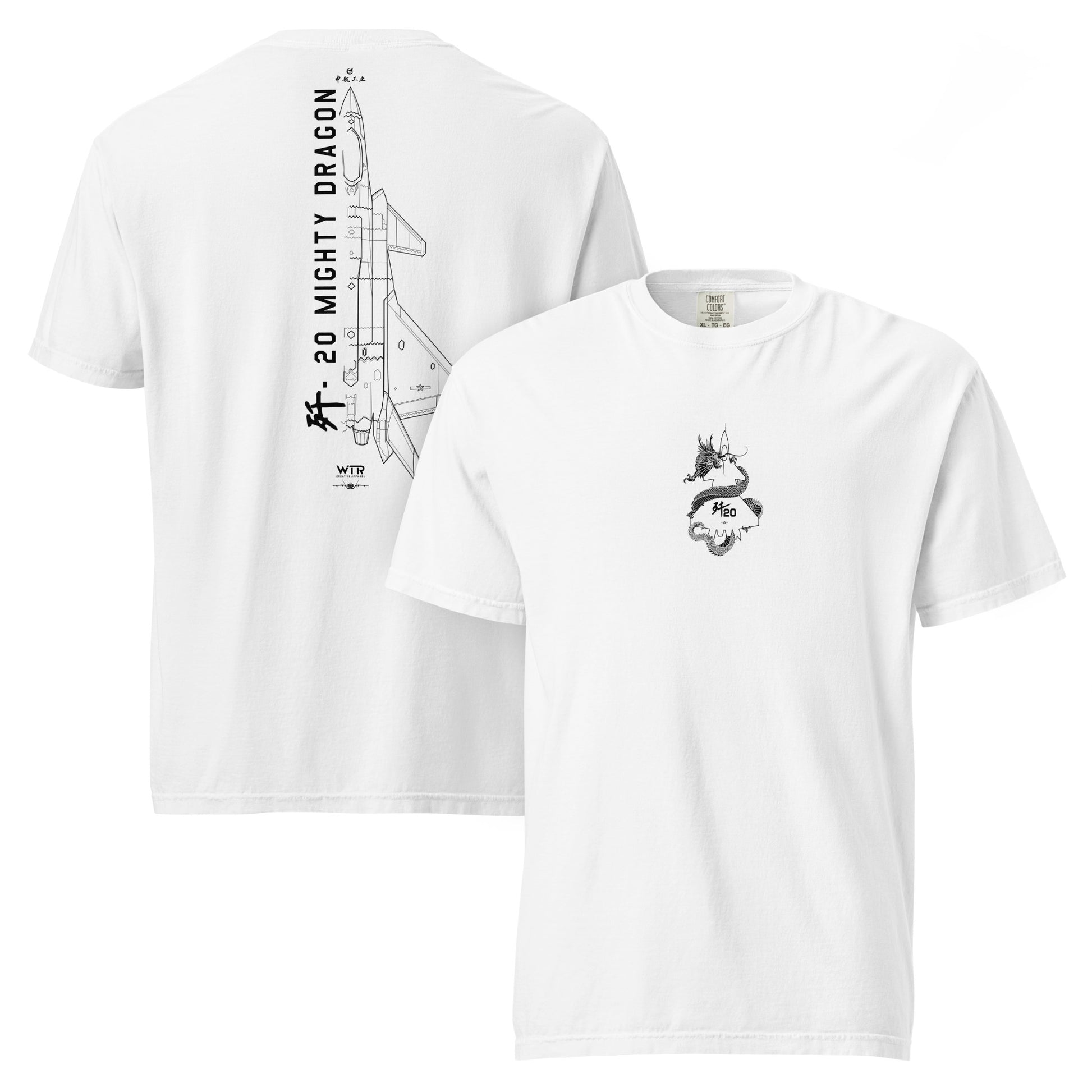 Hand-drawn technical schematic of the Chengdu J-20 Mighty Dragon Chinese stealth fighter on a standard t-shirt.