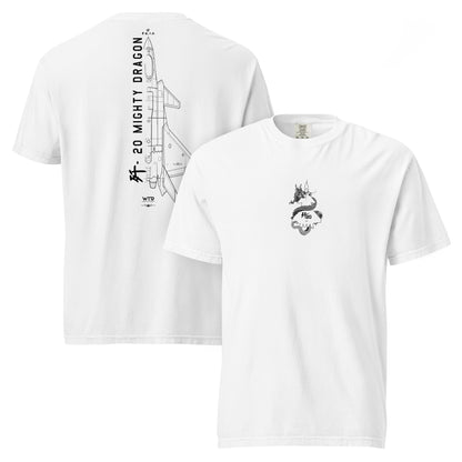 Hand-drawn technical schematic of the Chengdu J-20 Mighty Dragon Chinese stealth fighter on a standard t-shirt.