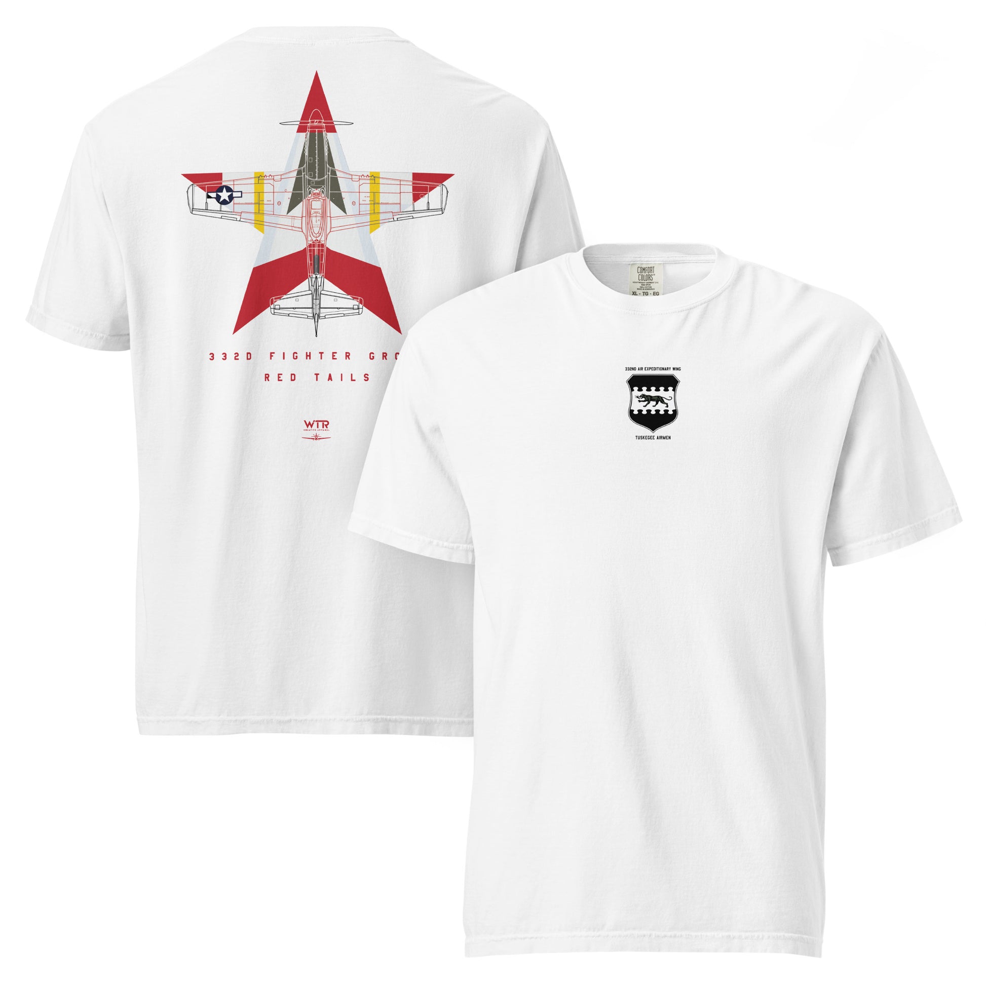 Hand-drawn schematic of the North American P-51D Mustang Red Tails 332nd Livery on a standard t-shirt.