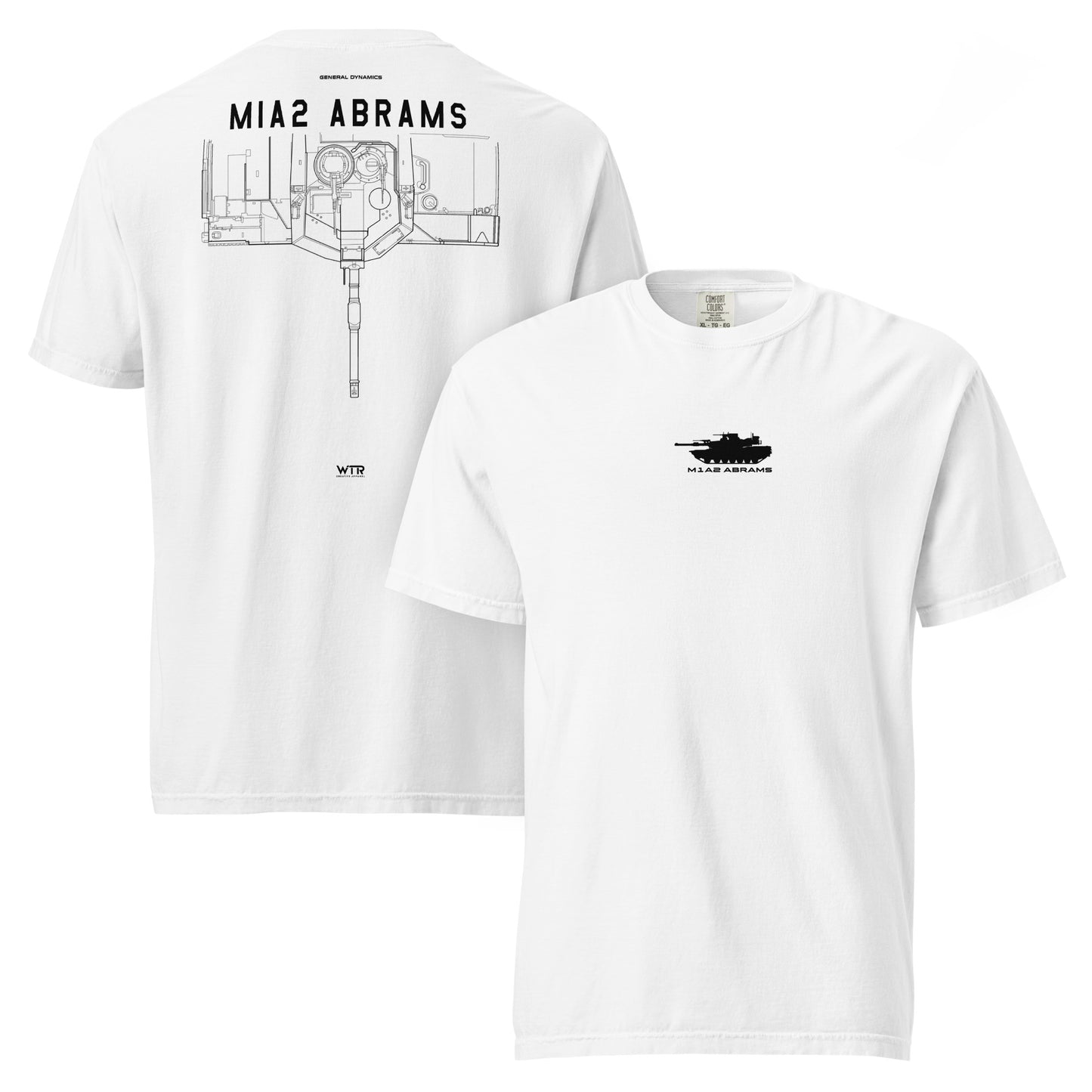Hand-drawn schematic of the GENERAL DYNAMICS M1A2 ABRAMS TANK printed on a standard T-shirt.