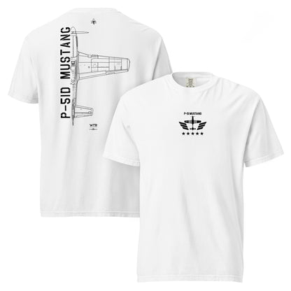 Hand-drawn technical schematic of the North American P-51D Mustang WWII fighter printed on a standard t-shirt.