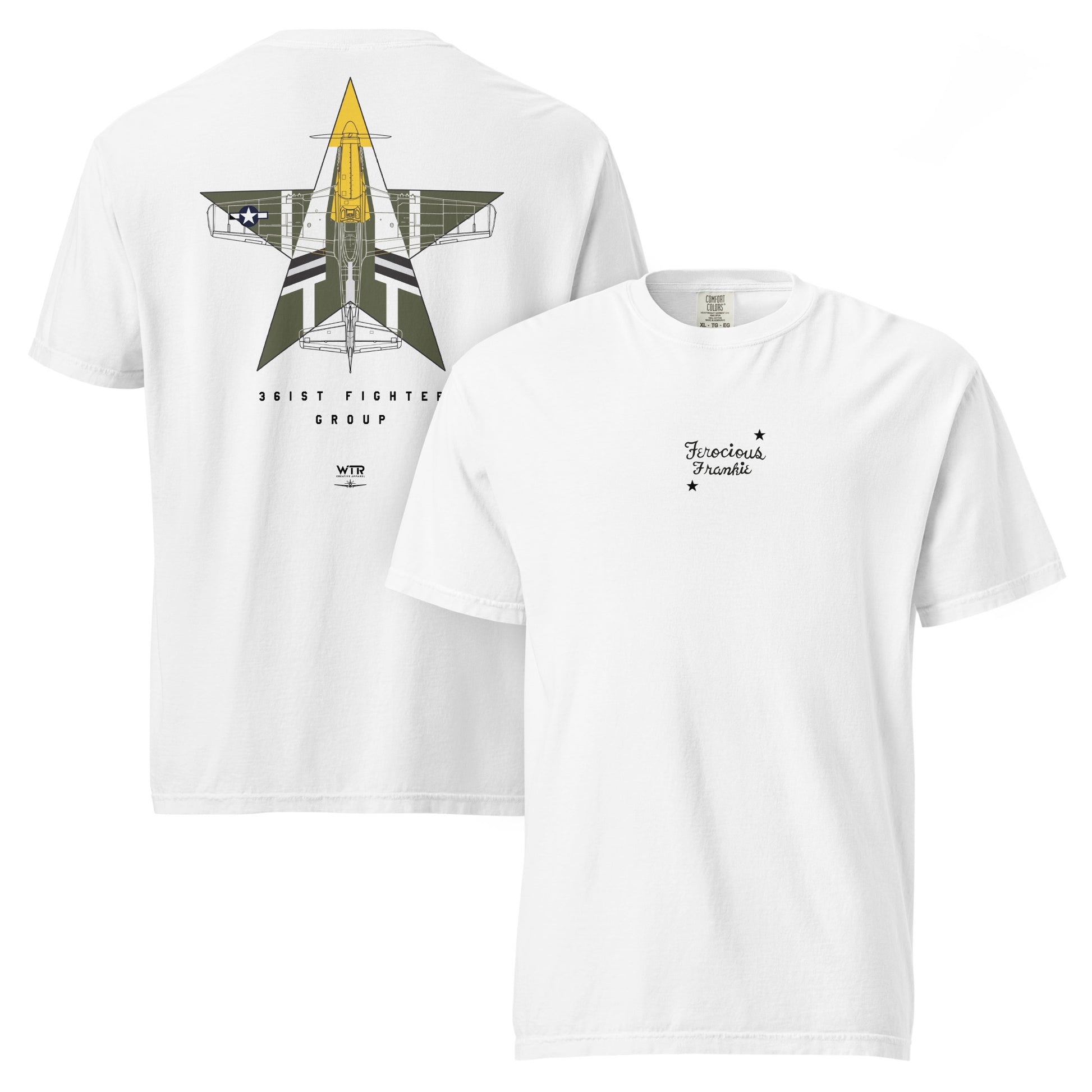 Hand-drawn schematic of the North American P-51D Mustang Ferocious Frankie livery on a standard t-shirt.