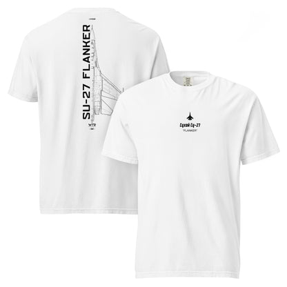 Hand-drawn technical schematic of the Sukhoi SU-27 Flanker supermaneuverable fighter on a standard t-shirt.