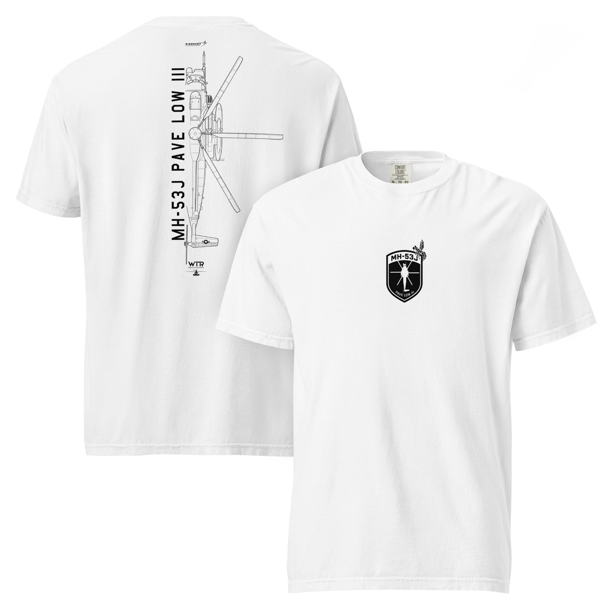 Hand-drawn technical schematic of the Sikorsky MH-53J Pave Low Special Operations helicopter on a standard t-shirt.
