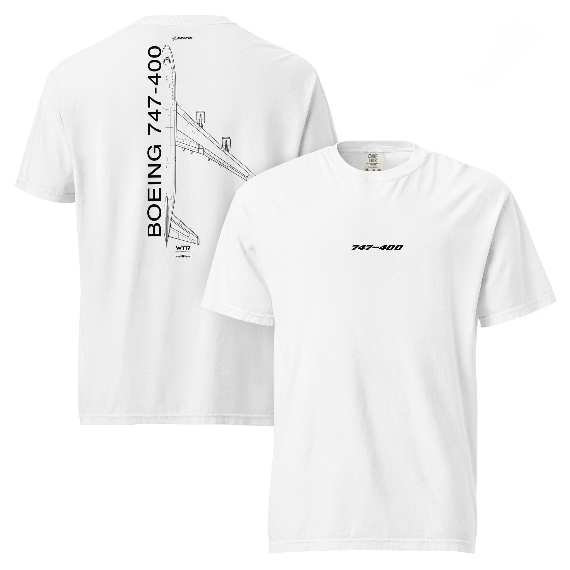 Hand-drawn technical schematic of the Boeing 747-400 Jumbo Jet passenger airliner on a standard t-shirt.
