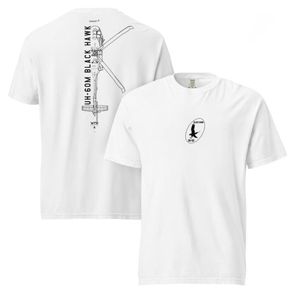 Hand-drawn technical schematic of the Sikorsky UH-60M Black Hawk military helicopter on a standard t-shirt.