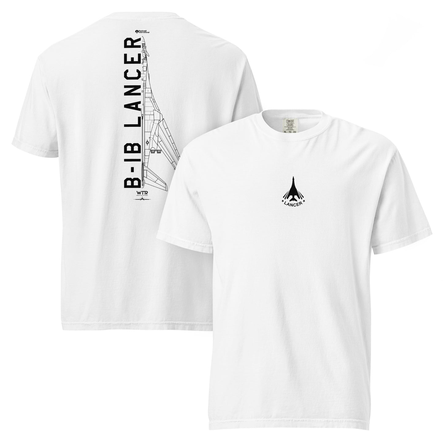 Hand-drawn technical schematic of the Rockwell B-1B Lancer BONE strategic bomber on a standard t-shirt.